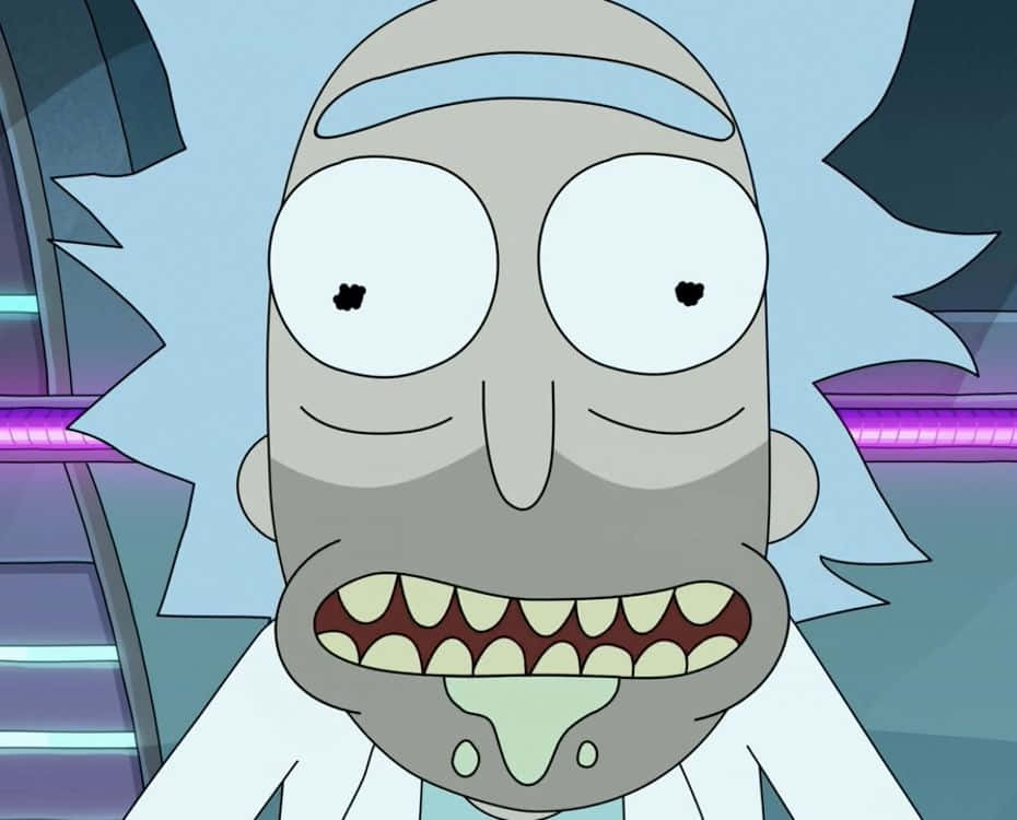 The Council Of Ricks 桌布 壁紙 — 《瑞克和莫蒂》中瑞克·桑切斯的特寫，睜大眼睛，露出牙齒的笑容，背景是科幻實驗室。