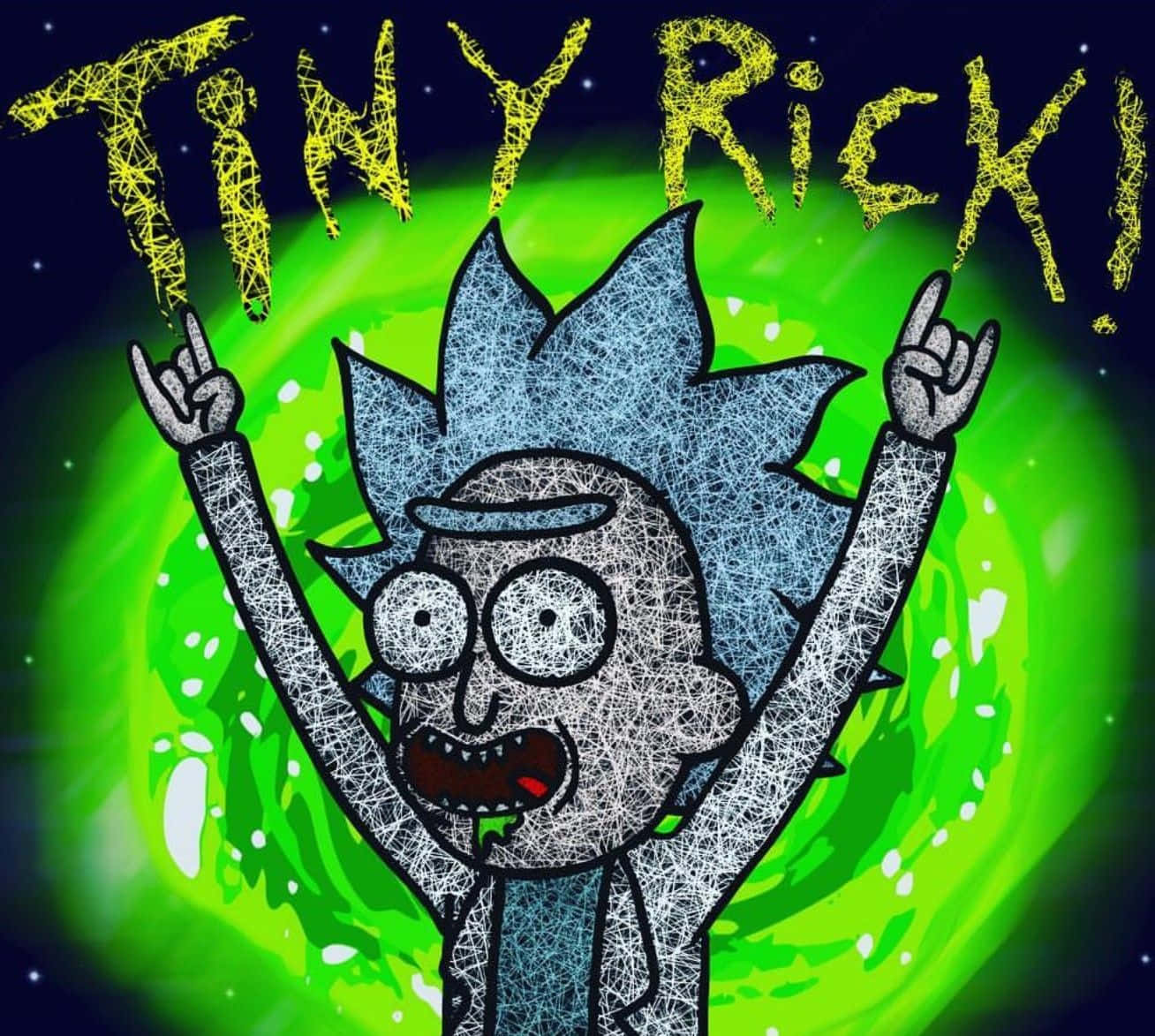 The Council Of Ricks 桌布 壁紙 — 《瑞克和莫蒂》中的小瑞克從發光的綠色傳送門中出現，高舉雙臂，在星空下慶祝勝利。