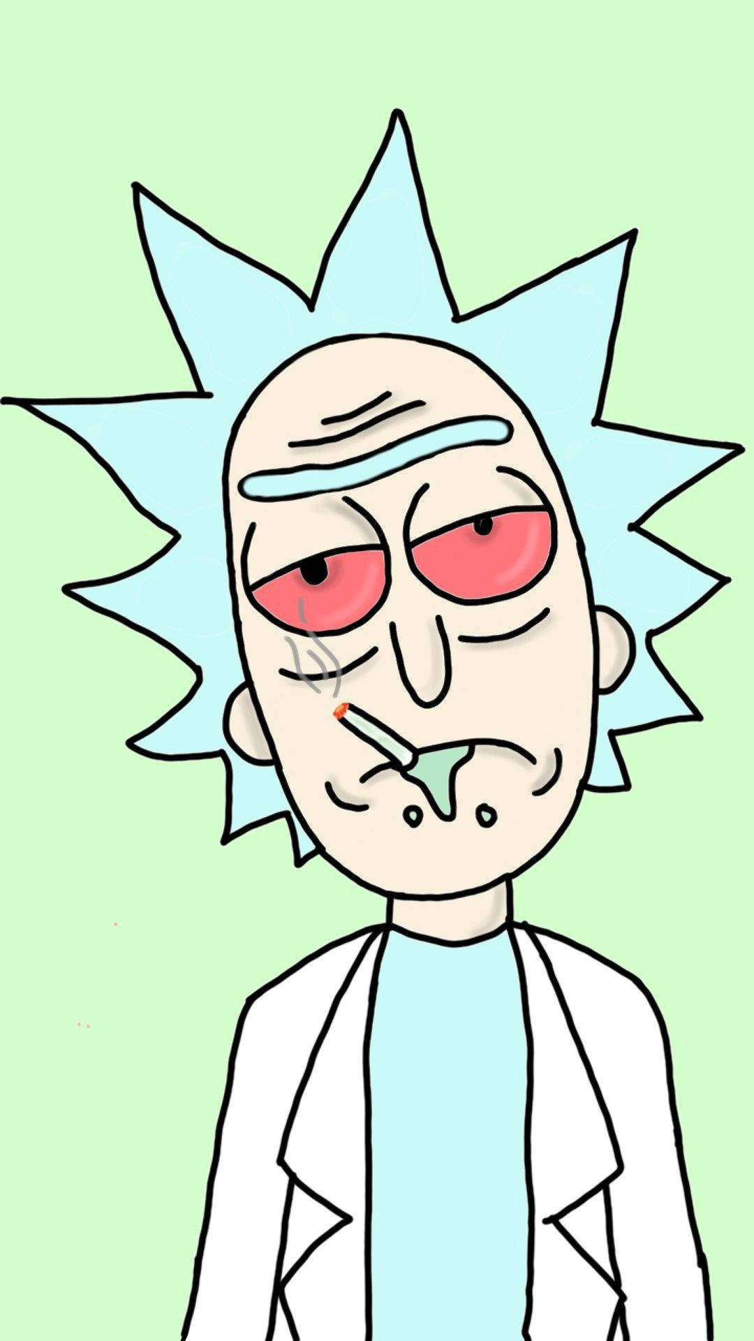 Rick And Morty Weed 桌布 壁紙 — 《瑞克和莫蒂》中的瑞克·桑切斯叼著煙，在淡綠色背景前冷笑。