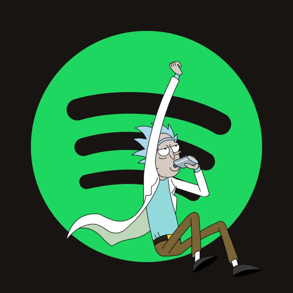Total Rickall 桌布 壁紙 — 《瑞克和莫蒂》中的瑞克·桑切斯在一個巨大的Spotify標誌內懶洋洋地躺著，一邊喝罐裝飲料一邊伸展身體。