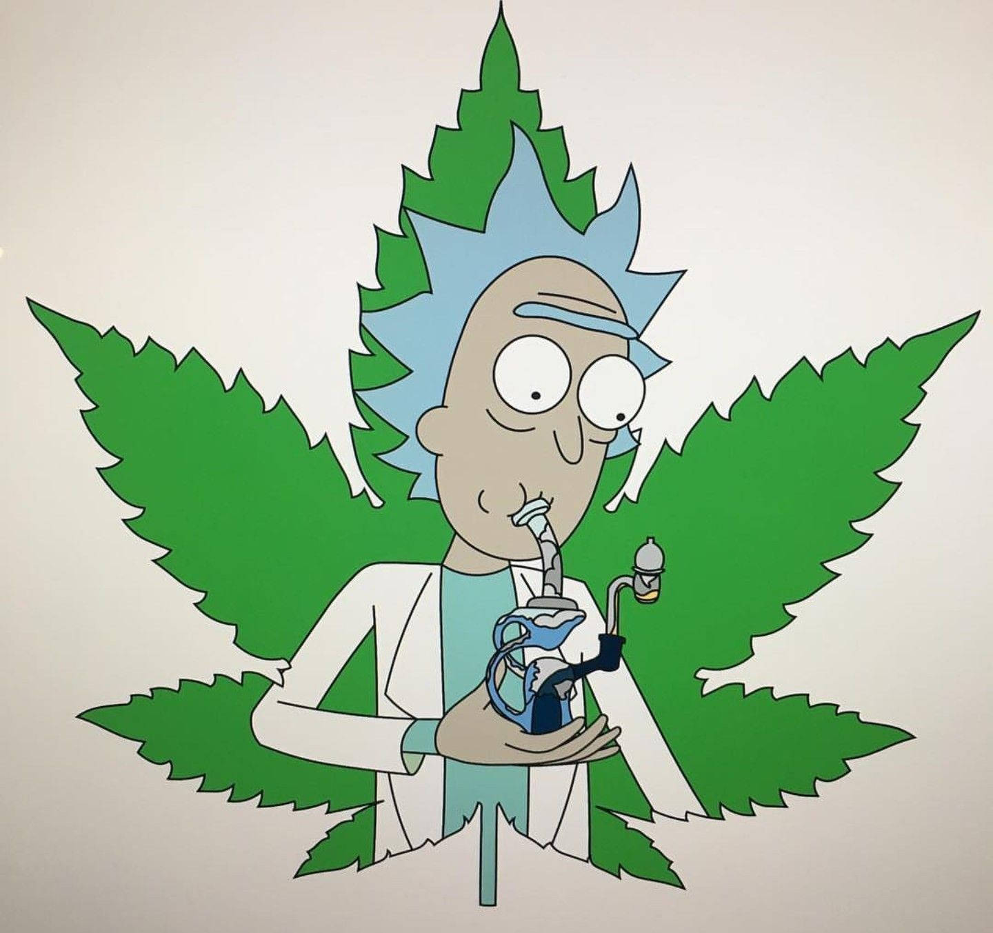 瑞克和莫蒂 桌布 壁紙 — 《瑞克和莫蒂》中的瑞克·桑切斯在一個巨大綠色大麻葉的框架下吸著水煙壺。