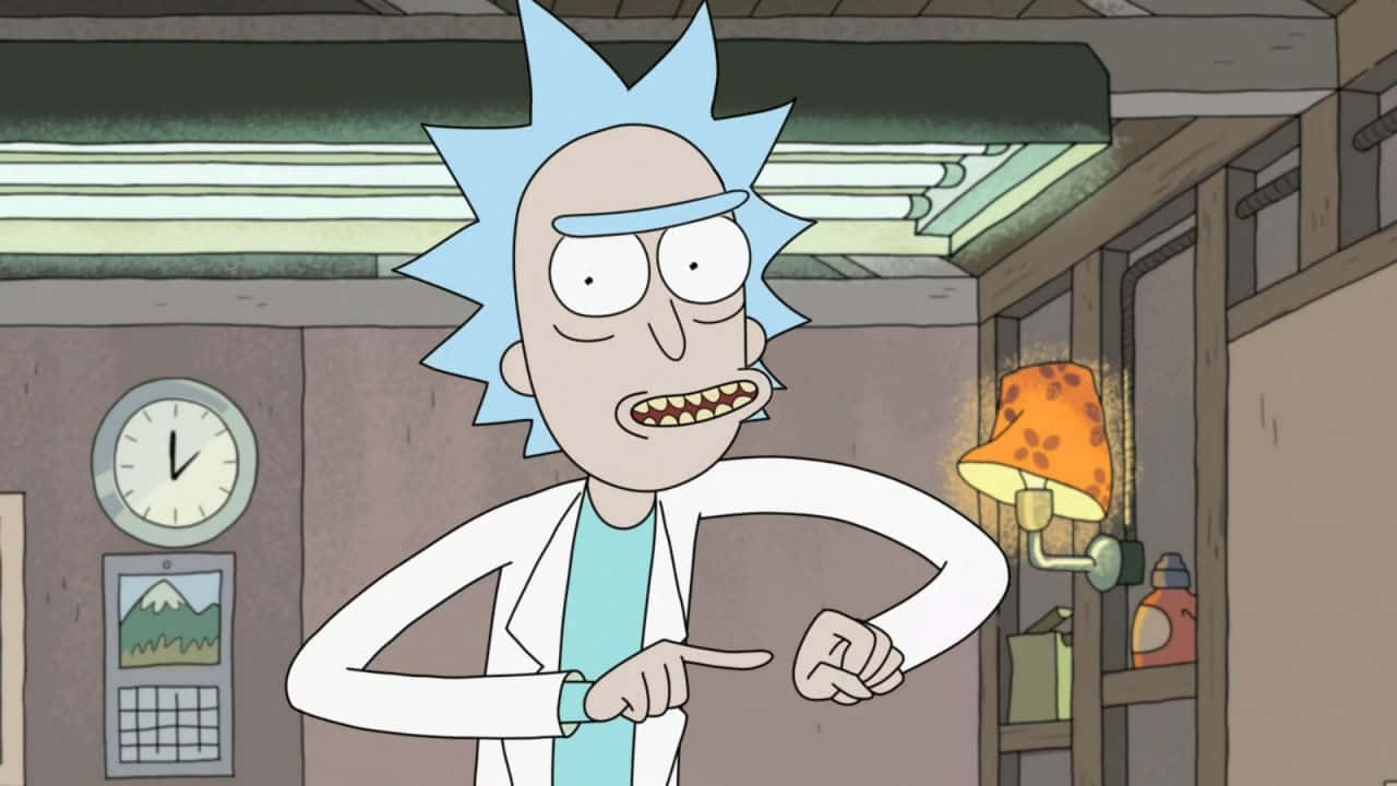 The Council Of Ricks 桌布 壁紙 — 《瑞克和莫蒂》中的瑞克·桑切斯在他雜亂的實驗室裡指責性地指著，牆上有發光的燈和時鐘。