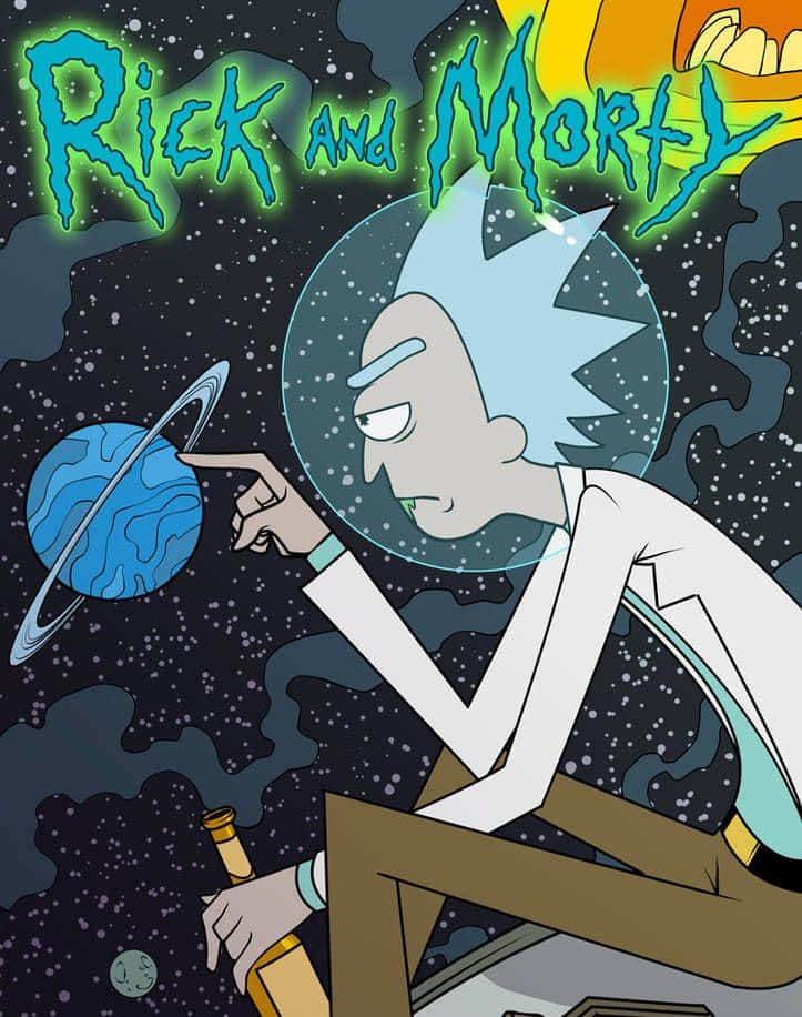 The Council Of Ricks 桌布 壁紙 — 《瑞克和莫蒂》中的瑞克·桑切斯在太空抽煙，指著一個藍色環狀行星，背景是宇宙。