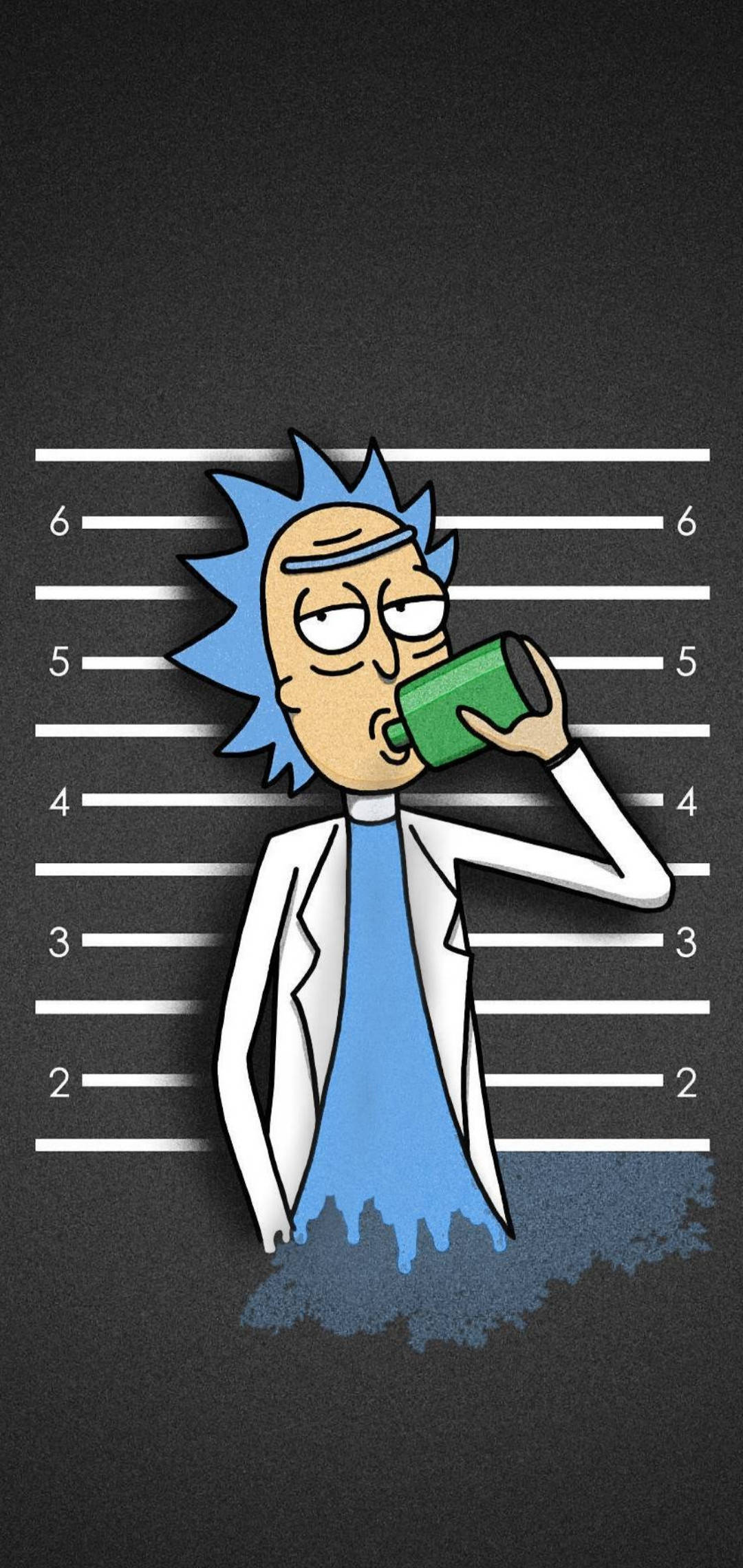 rick 桌布 壁紙 — 《瑞克和莫蒂》中的瑞克·桑切斯在深灰色背景、帶有高度線的環境下，以嫌犯大頭照姿勢啜飲綠色飲料。