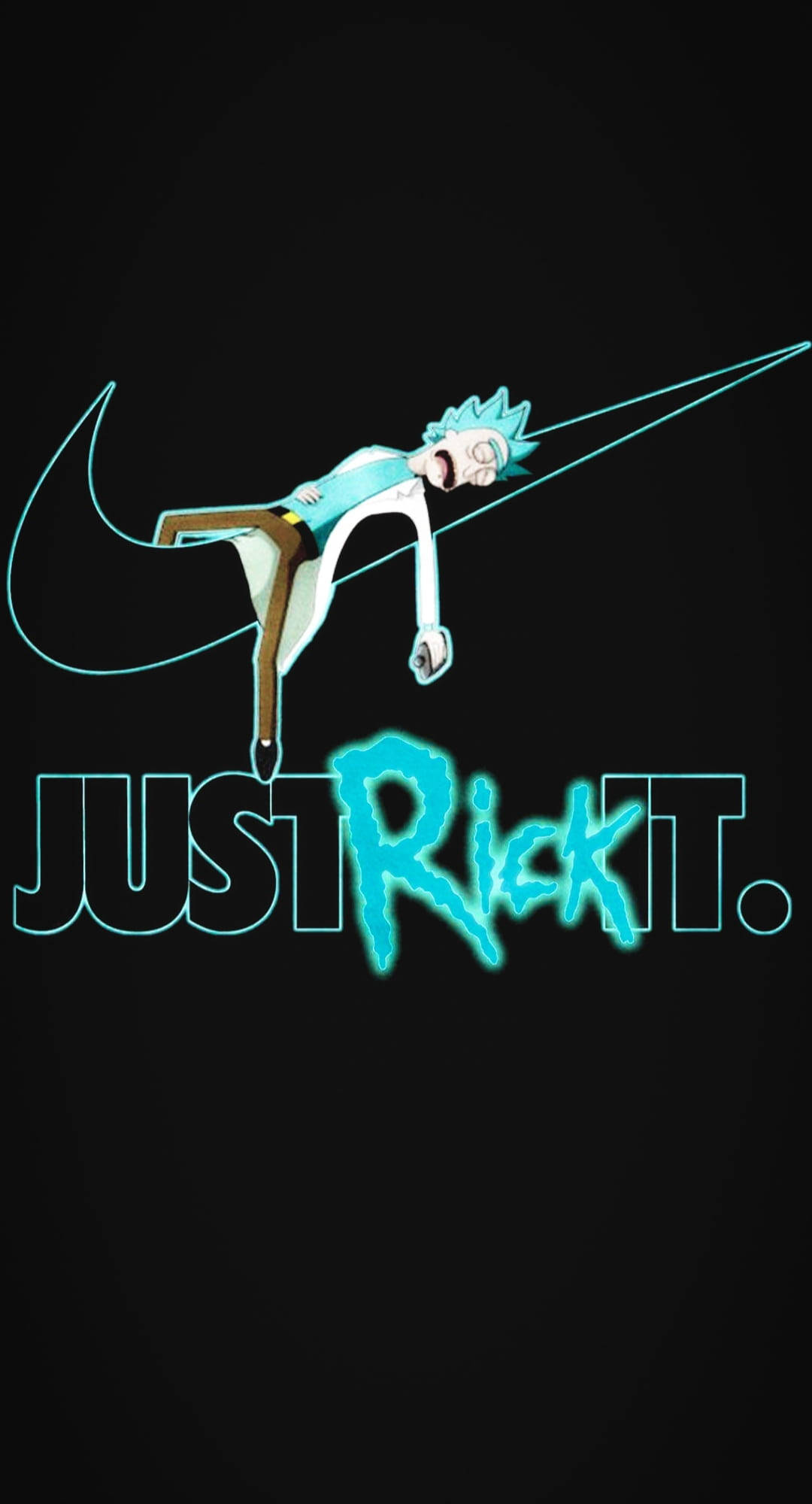 rick 桌布 壁紙 — 《瑞克和莫蒂》中的瑞克·桑切斯在發光的藍色Nike swoosh標誌內動態擺姿勢，並帶有「JUST RICK IT.」文字。