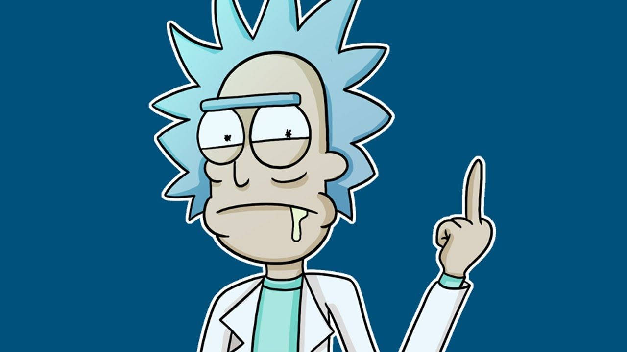 rick 桌布 壁紙 — 《瑞克和莫蒂》中的瑞克·桑切斯在純藍色背景上疲憊地向上指。