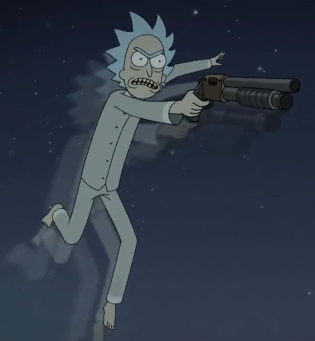 Total Rickall 桌布 壁紙 — 《瑞克和莫蒂》中的瑞克·桑切斯在繁星點點的夜空中漂浮，帶著堅定的表情開火武器。