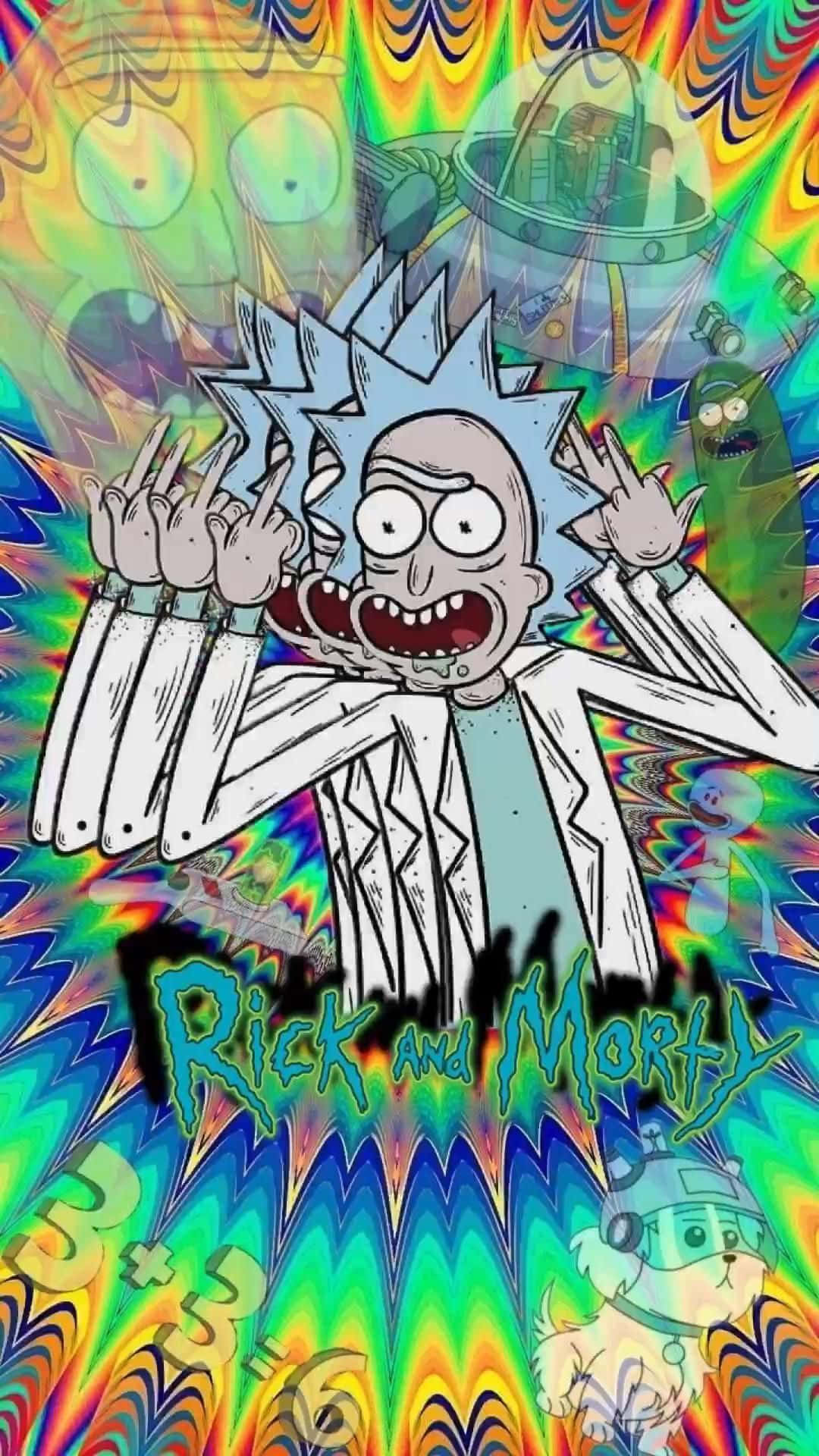 Total Rickall 桌布 壁紙 — 《瑞克和莫蒂》中的瑞克·桑切斯在迷幻彩虹漩渦背景下瞪大眼睛尖叫。