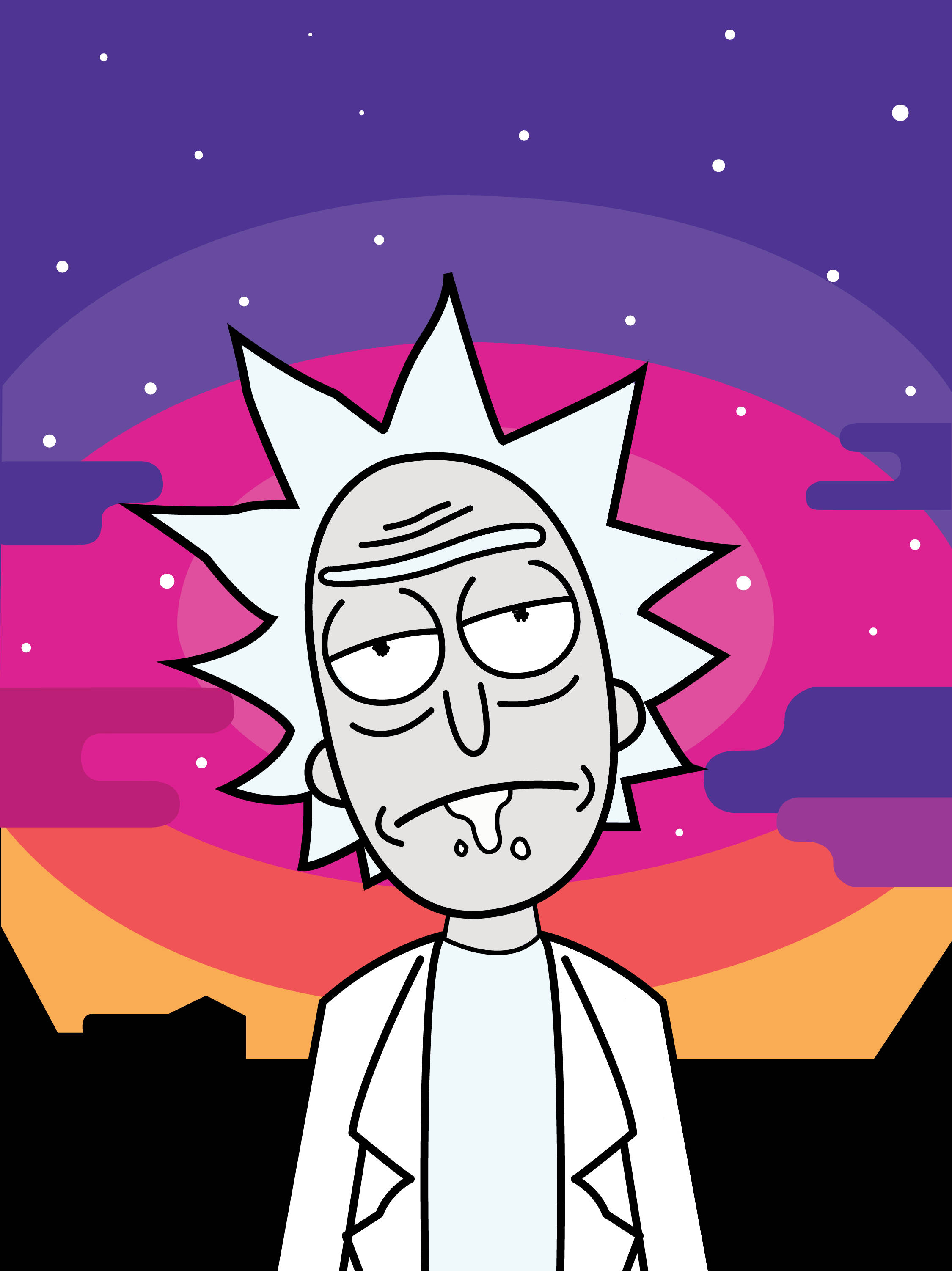 rick 桌布 壁紙 — 《瑞克和莫蒂》中的瑞克·桑切斯帶著疲憊的表情凝視著充滿活力的宇宙日落背景。