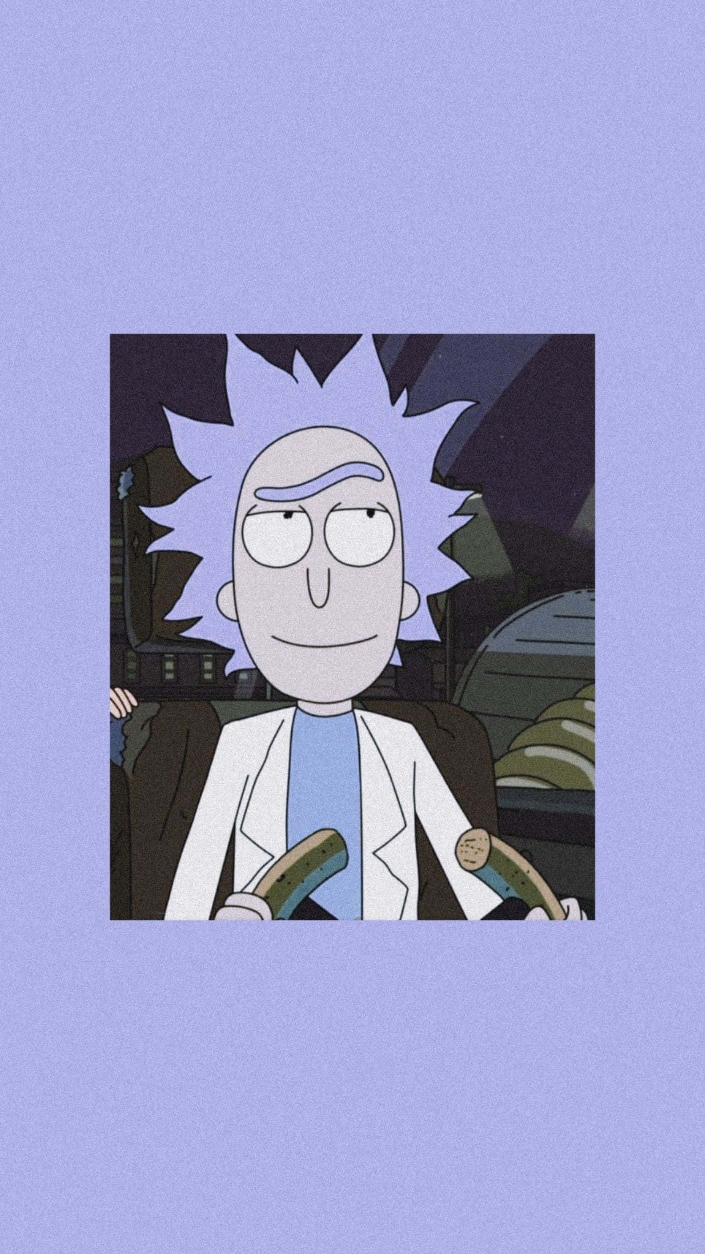 Total Rickall 桌布 壁紙 — 《瑞克和莫蒂》中的瑞克·桑切斯平靜地坐在燈光昏暗的實驗室裡，有著尖刺的紫色頭髮和自鳴得意的表情。
