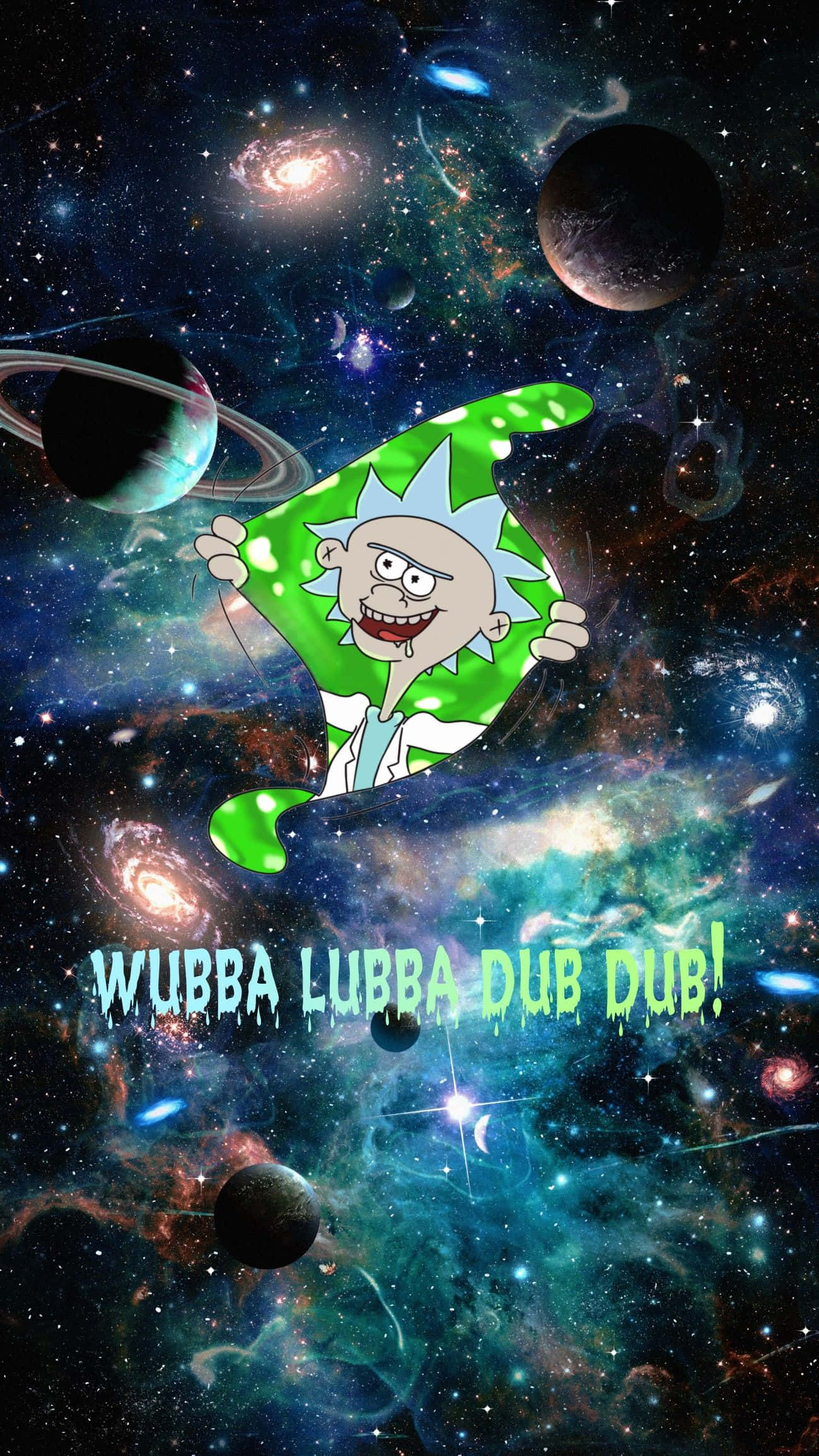Wubba Lubba Dub Dub 桌布 壁紙 — 《瑞克和莫蒂》中的瑞克·桑切斯愉快地漂浮在一個充滿行星和旋轉星雲的充滿活力的宇宙星系中。