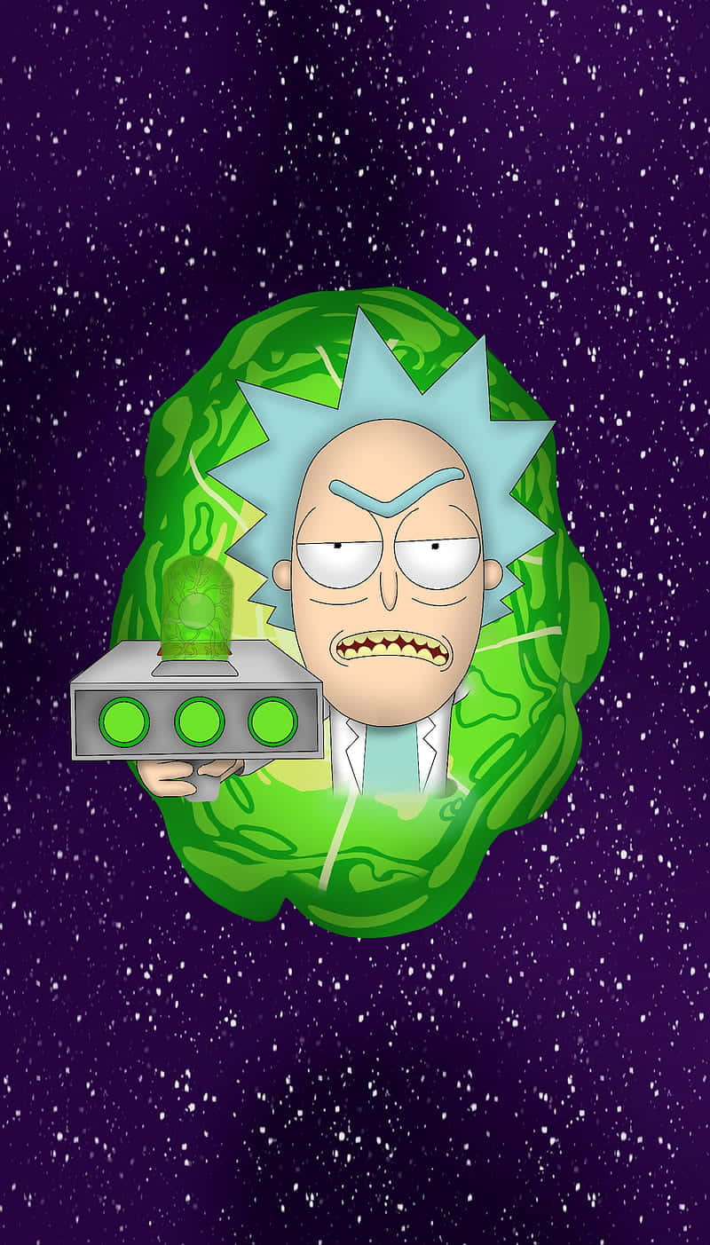 Rick And Morty Portal 桌布 壁紙 — 《瑞克和莫蒂》中的瑞克·桑切斯漂浮在太空中，手持一個綠色發光裝置，背景是繁星點點的紫色。