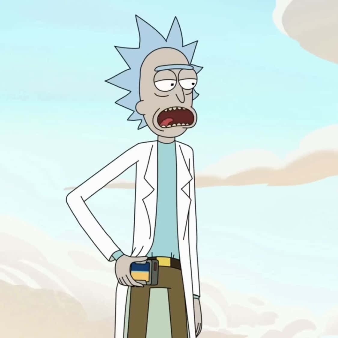The Council Of Ricks 桌布 壁紙 — 《瑞克和莫蒂》中的瑞克·桑切斯站在多雲的天空背景下，一手叉腰，張開嘴巴，露出震驚的表情。