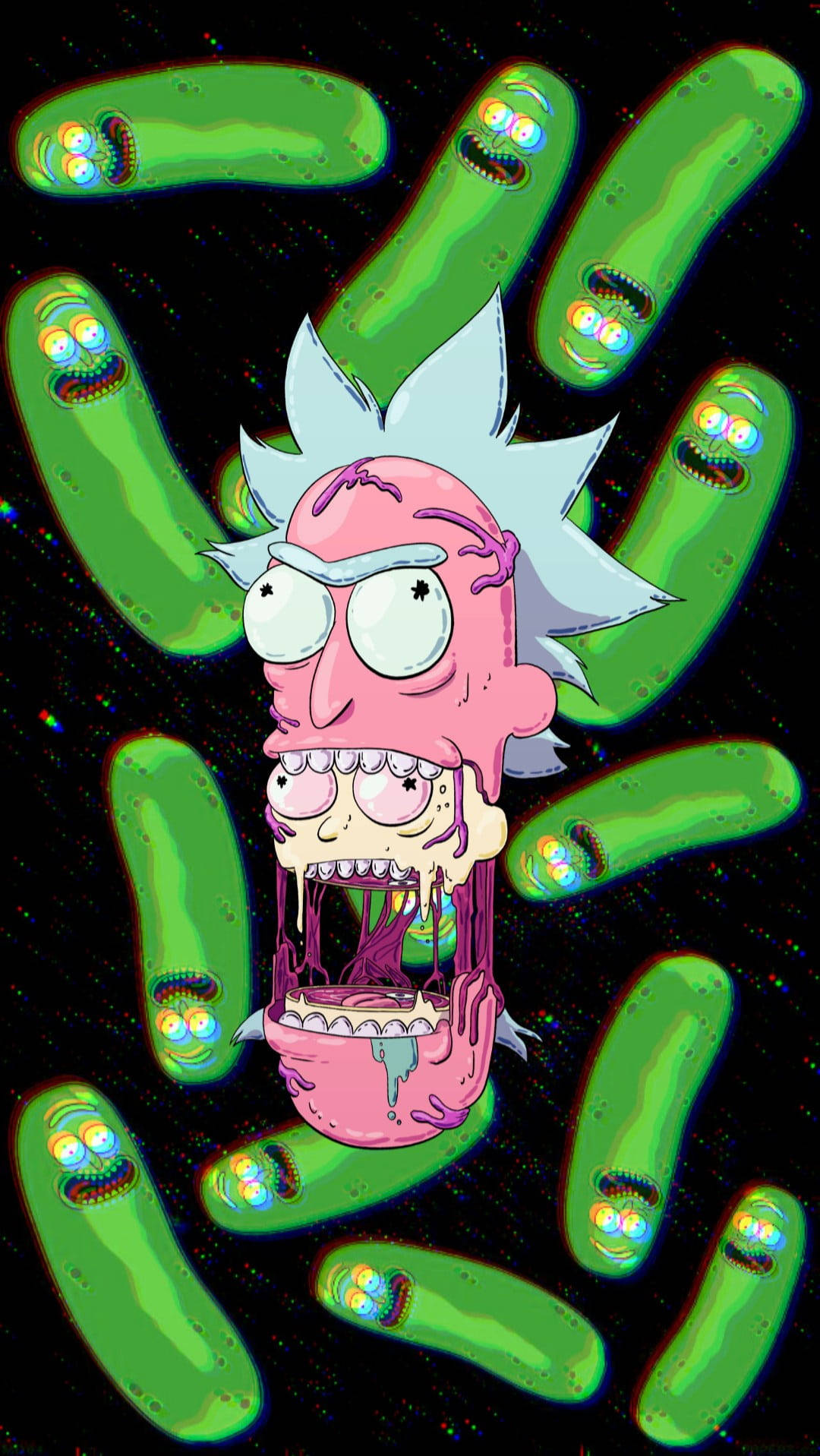 rick 桌布 壁紙 — 《瑞克和莫蒂》中的瑞克·桑切斯被發光的綠色泡菜怪物包圍，背景是星空宇宙。