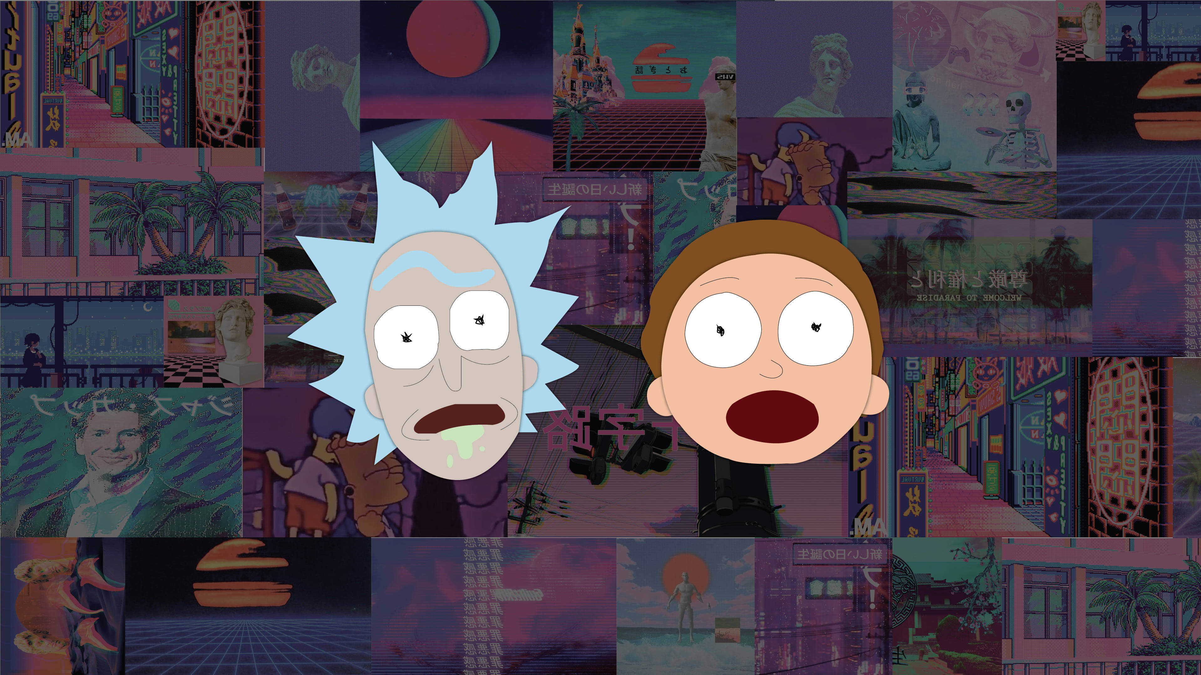 rick 桌布 壁紙 — 《瑞克和莫蒂》卡通角色睜大眼睛，位於充滿活力的復古未來風格動畫和電玩場景拼貼畫中央。