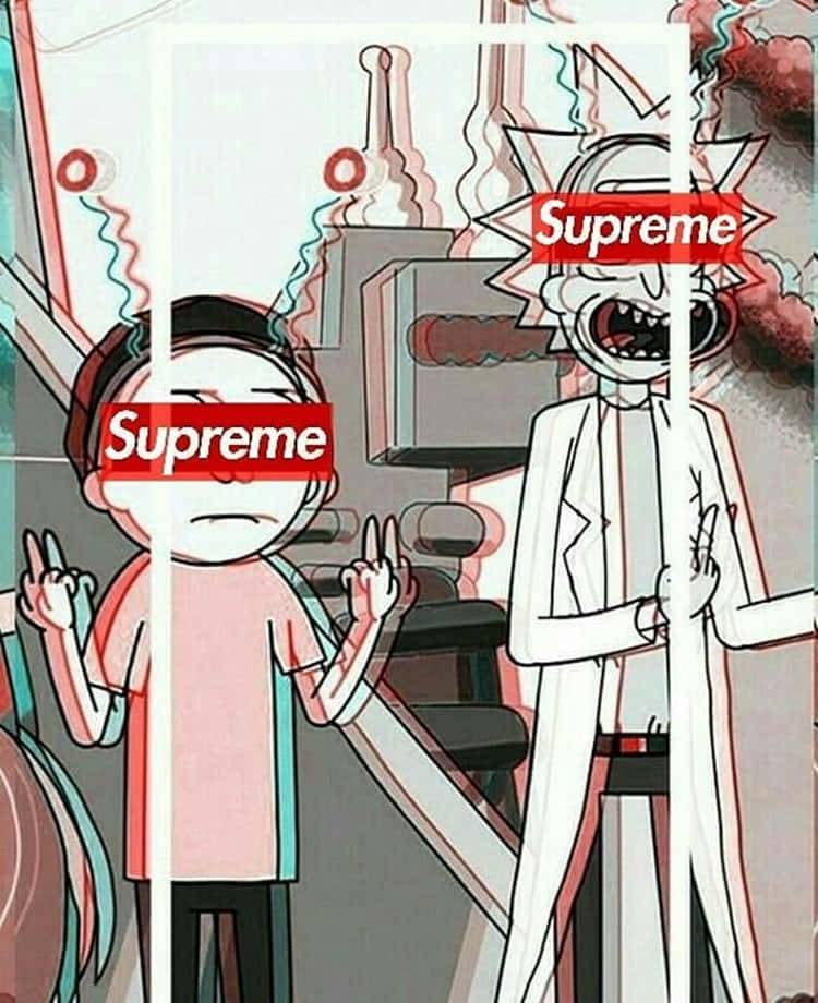supreme 桌布 壁紙 — 《瑞克和莫蒂》角色以動漫風格呈現，臉上帶有Supreme標誌，身處混亂的實驗室場景。