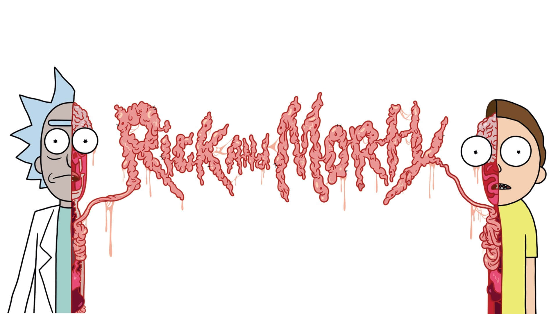 Rick And Morty Backwoods 桌布 壁紙 — 《瑞克和莫蒂》角色以怪異的粉紅色腸道形成節目標題，背景為純白色。