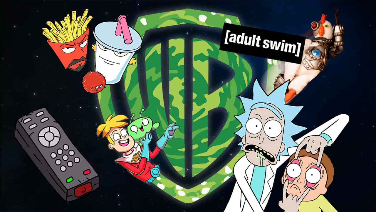 adult swim 桌布 壁紙 — 《瑞克和莫蒂》角色在太空漂浮，圍繞發光的華納兄弟標誌和 Adult Swim 品牌。