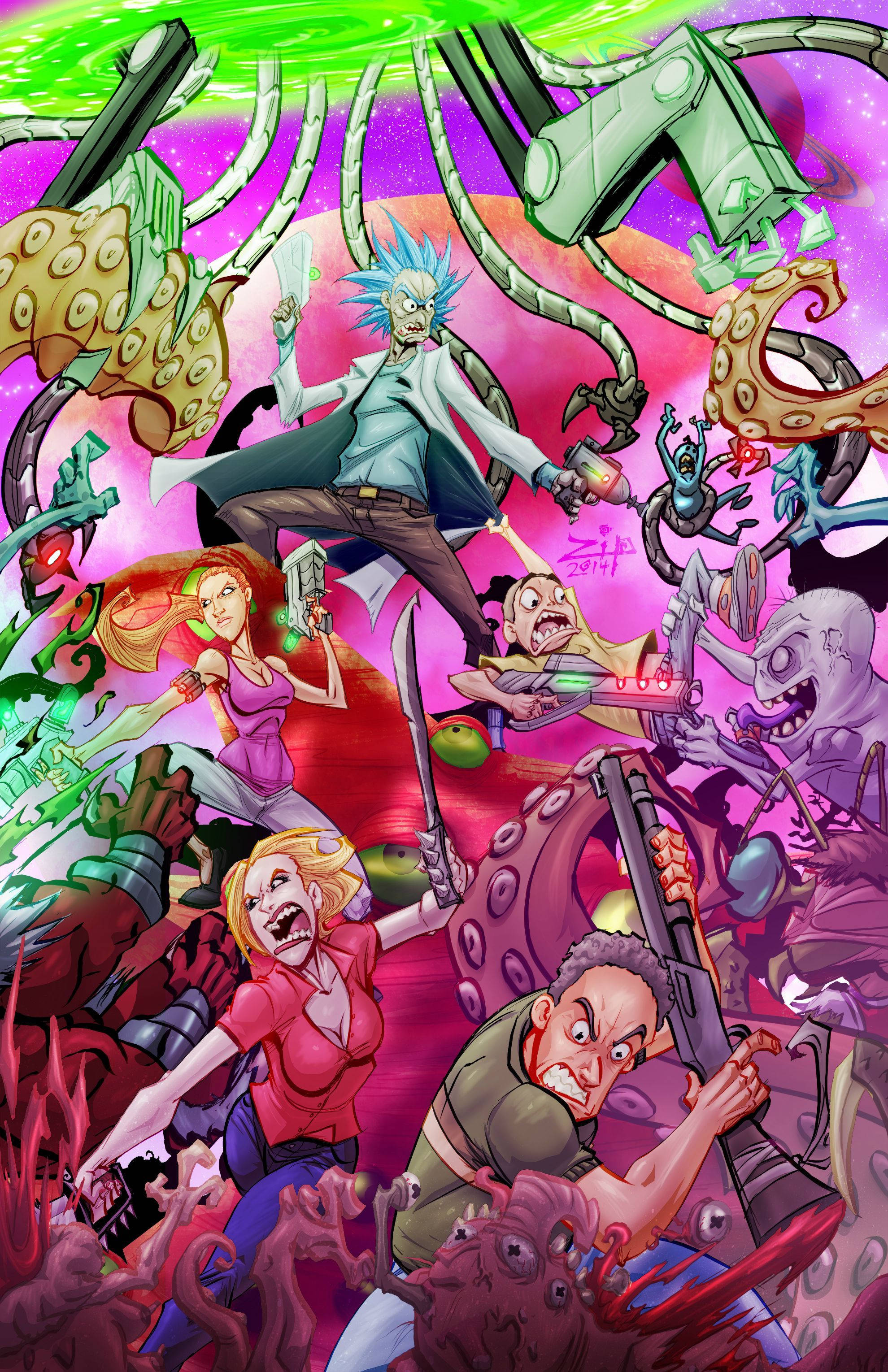 rick 桌布 壁紙 — 《瑞克和莫蒂》角色在混亂、霓虹燈閃爍的科幻打鬥中與怪誕的外星怪物戰鬥。