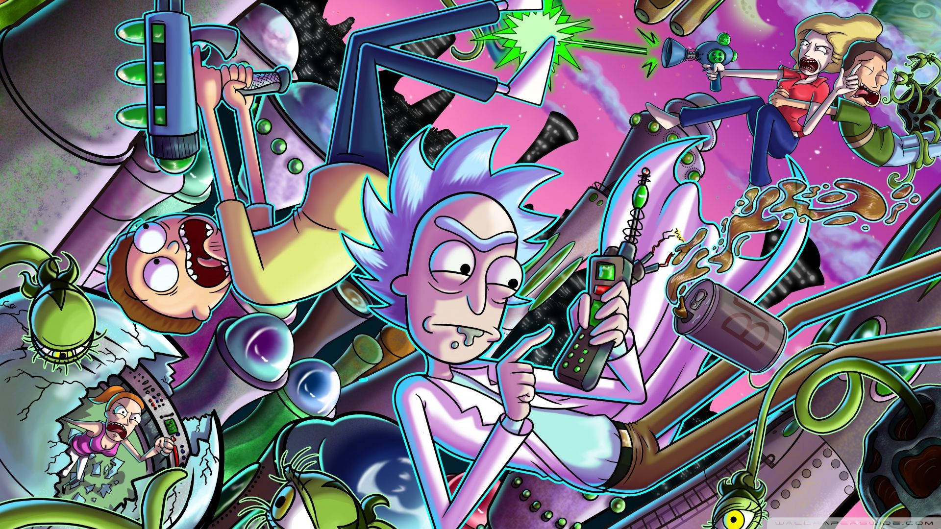 rick 桌布 壁紙 — 《瑞克和莫蒂》角色在混亂的科幻場景中，充滿鮮豔的霓虹色彩和漂浮的小工具。