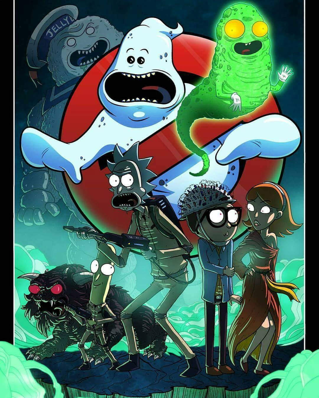 Ghostbusters 桌布 壁紙 — 《瑞克和莫蒂》角色在發光的綠色背景下與卡通風格的鬼魂和怪物戰鬥。