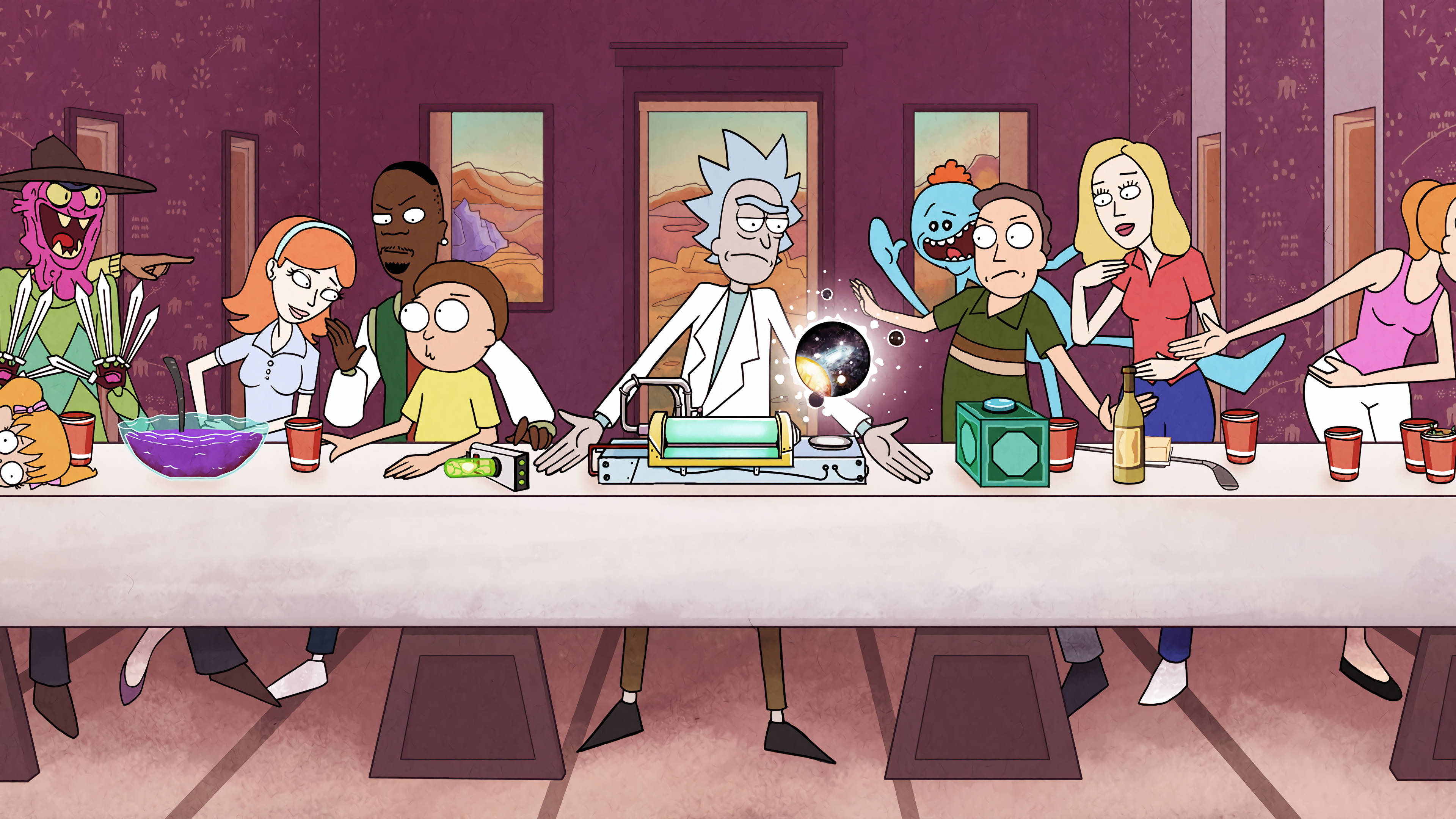 rick 桌布 壁紙 — 《瑞克和莫蒂》角色在長桌上以科幻風格惡搞最後的晚餐。