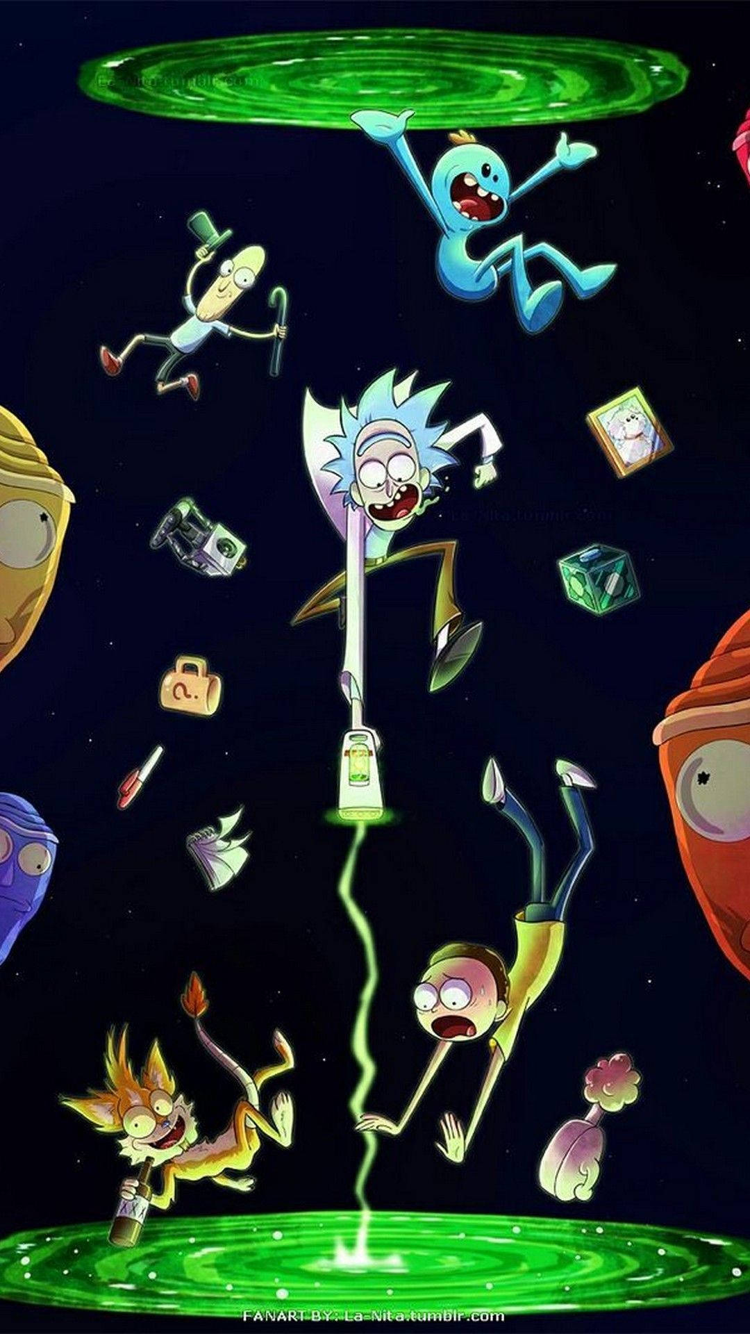 rick 桌布 壁紙 — 《瑞克和莫蒂》角色在零重力下漂浮於發光綠色傳送門之間，周圍有漂浮的小工具和外星面孔。