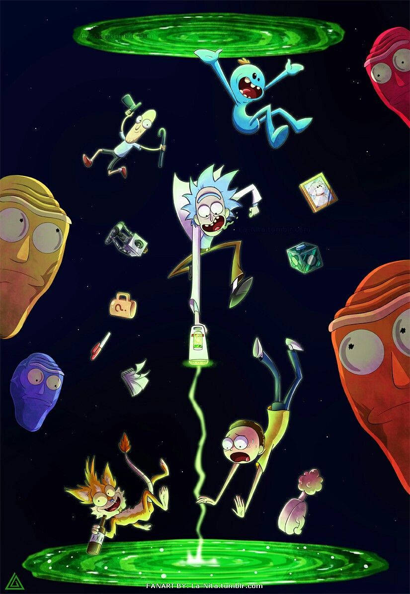 rick 桌布 壁紙 — 《瑞克和莫蒂》角色在零重力環境中漂浮，周圍有漂浮物體和發光的綠色傳送門，背景是星空。