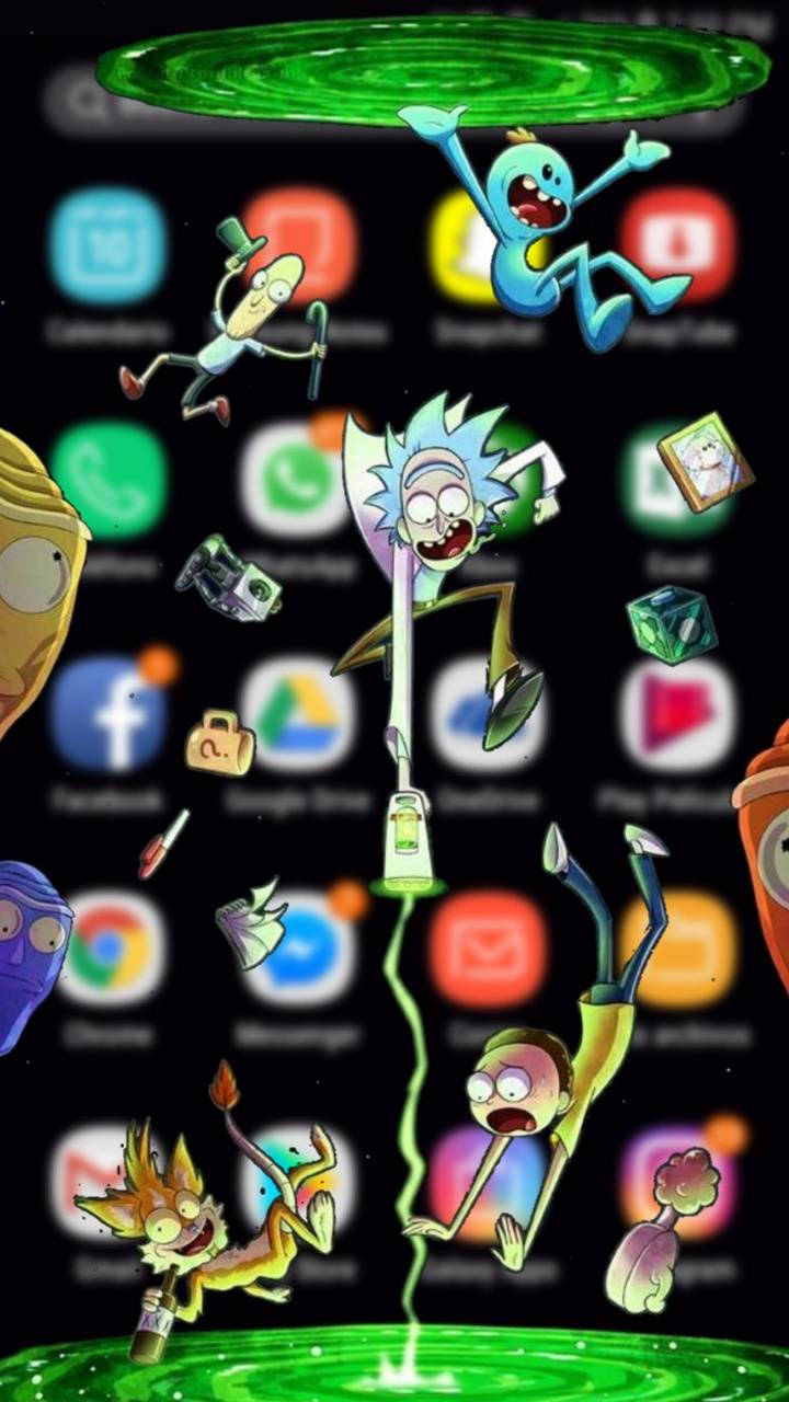 rick 桌布 壁紙 — 《瑞克和莫蒂》角色從綠色傳送門中爆出，背景是模糊的智慧型手機應用程式畫面。