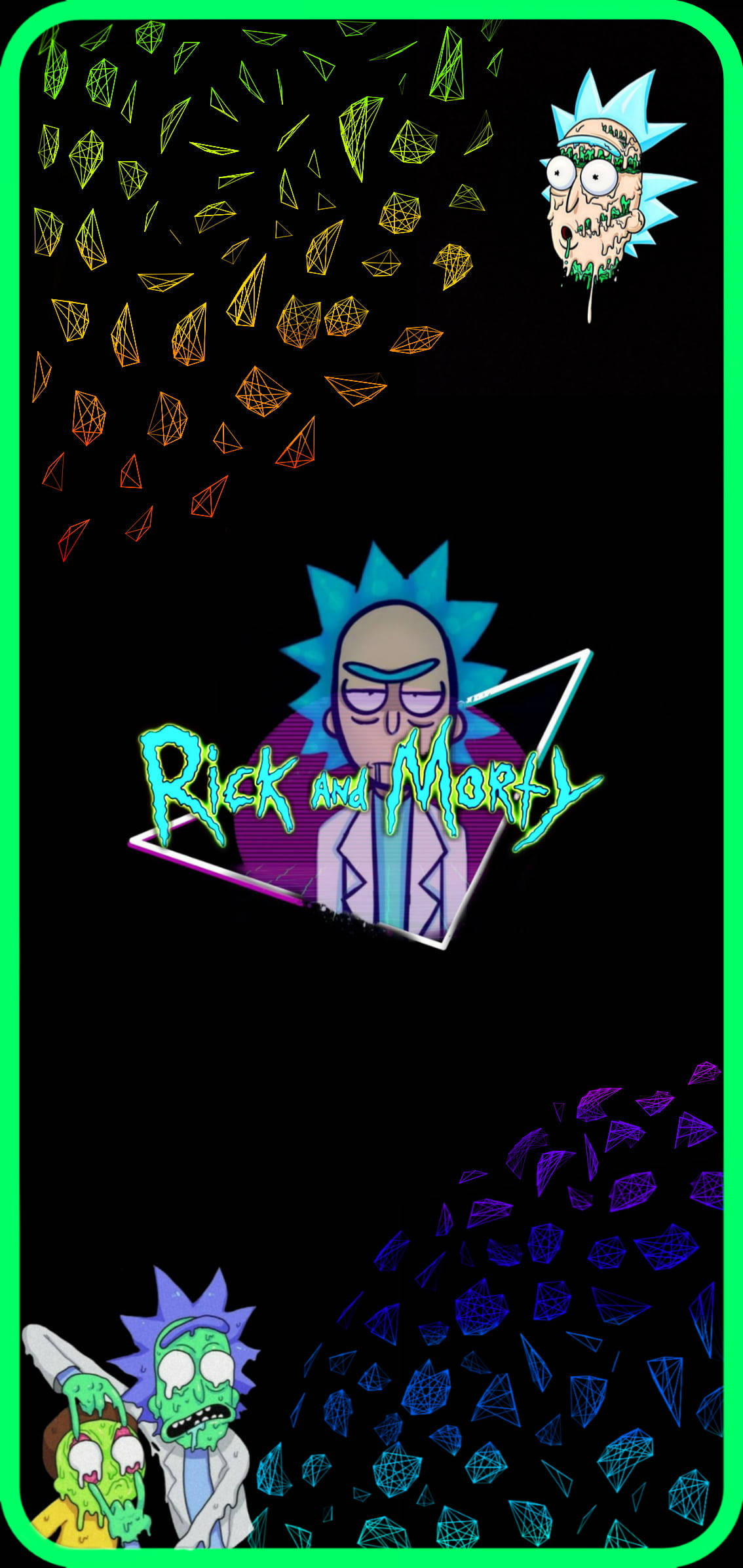 rick 桌布 壁紙 — 《瑞克和莫蒂》角色漂浮在發光幾何碎片中，背景為黑色，帶有霓虹綠色邊框。