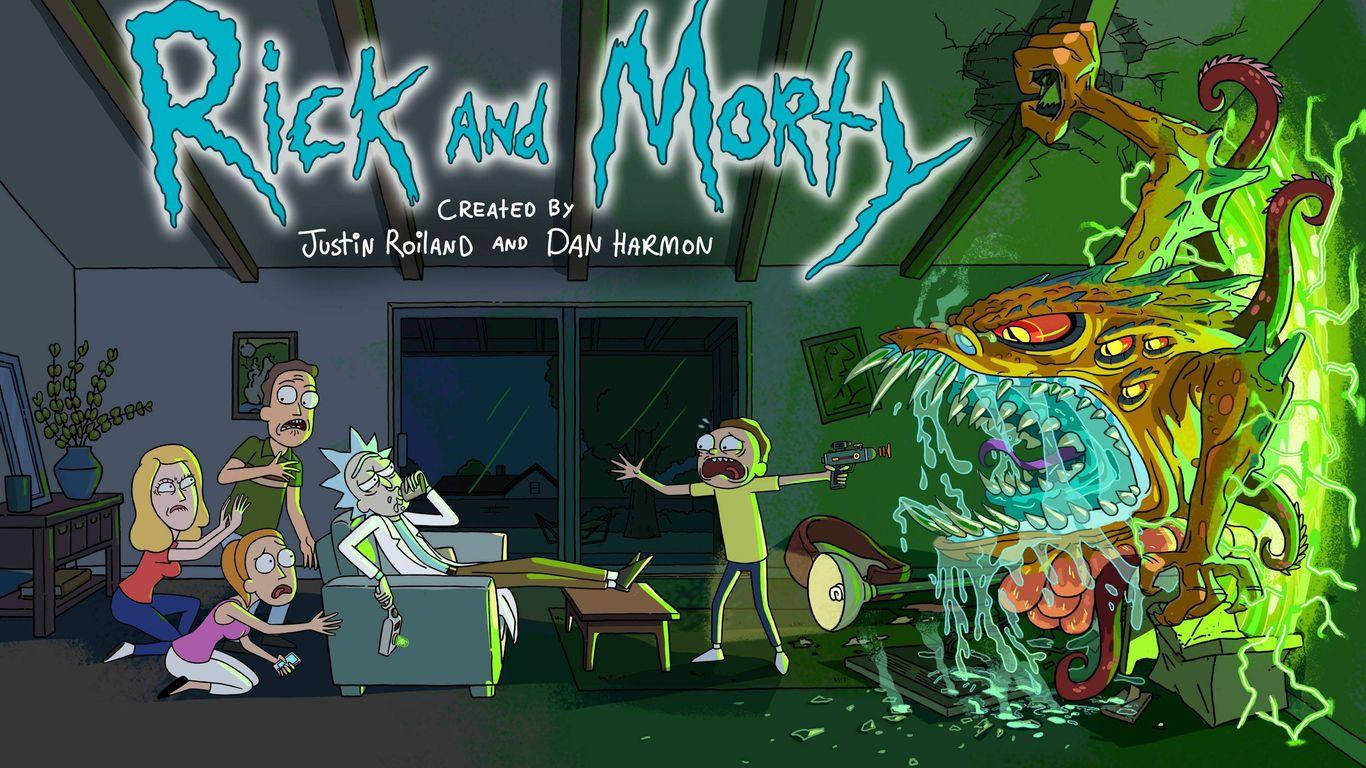 rick 桌布 壁紙 — 《瑞克和莫蒂》角色逃離一隻巨大發光外星怪物，牠正穿過他們的客廳牆壁。