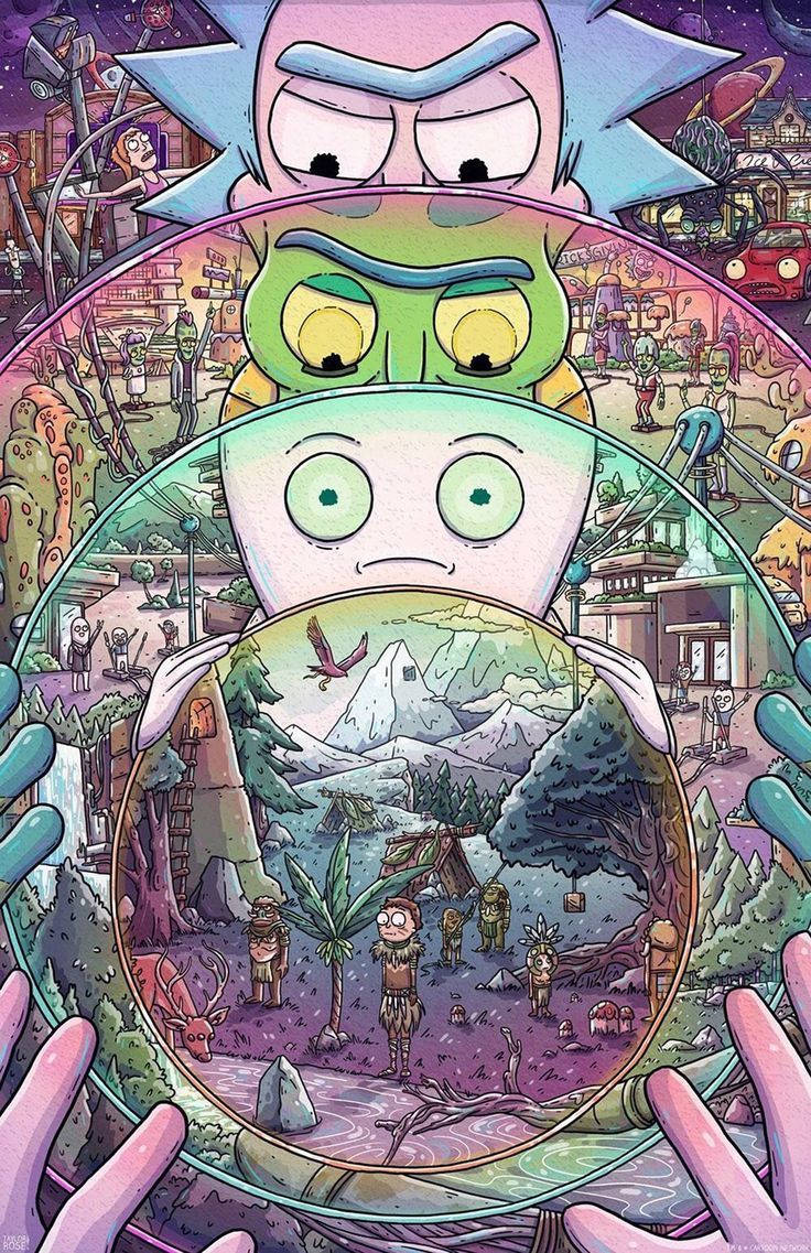 rick 桌布 壁紙 — 《瑞克和莫蒂》角色透過嵌套球體窺視，揭示超現實的外星世界和原始部落場景。
