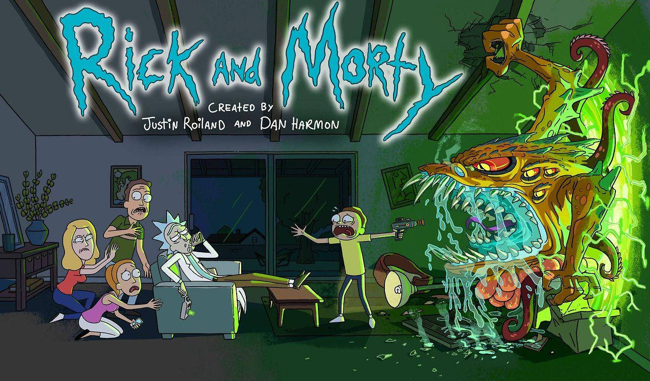 rick 桌布 壁紙 — 《瑞克和莫蒂》角色驚恐地反應，因為一個巨大的發光外星怪物衝破了他們的客廳牆壁。