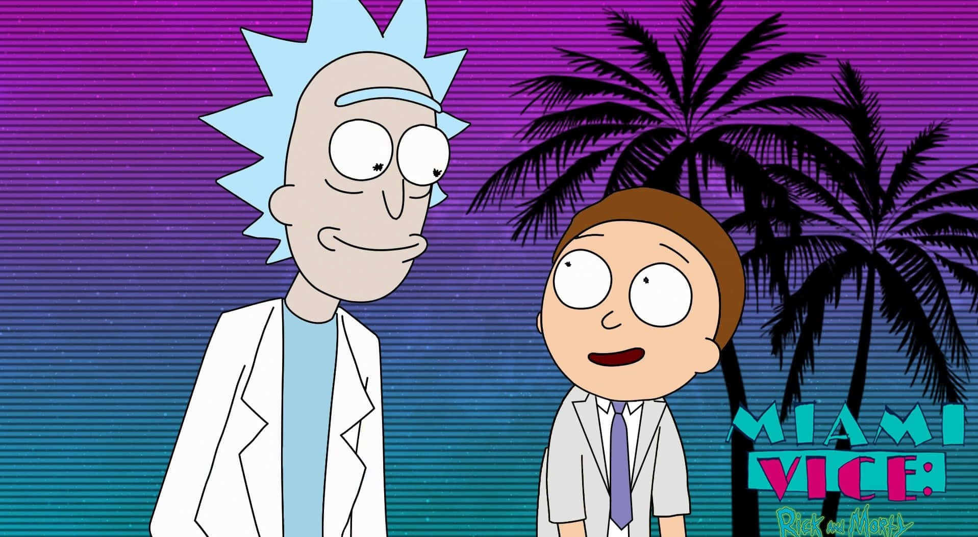 Rick And Morty Backwoods 桌布 壁紙 — 瑞克和莫蒂並肩站在充滿活力的紫色和藍色漸變背景前，背景有棕櫚樹和邁阿密風雲文字。