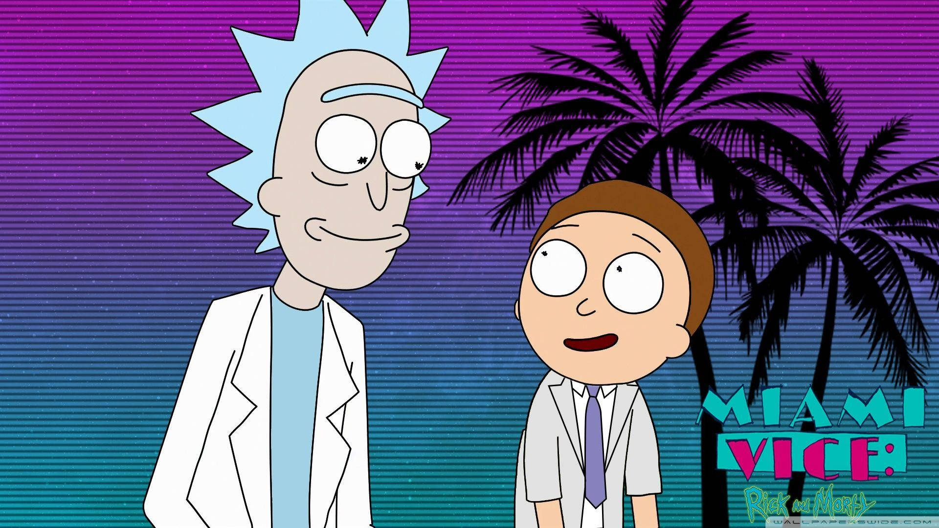 rick 桌布 壁紙 — 瑞克和莫蒂並肩站在充滿活力的紫色和藍綠色漸變背景前，背景有棕櫚樹和邁阿密風雲文字。