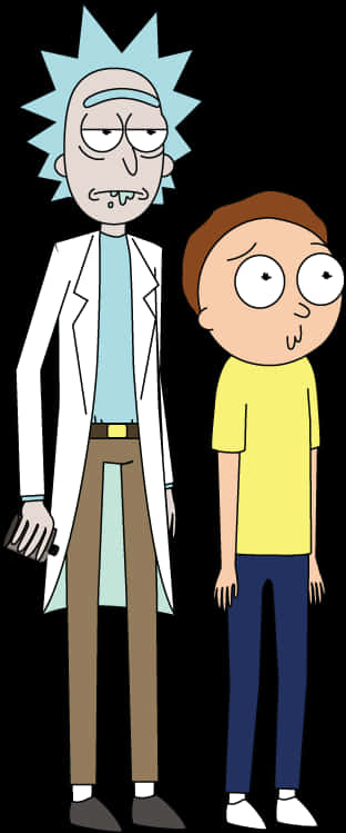 Cartoon Characters 桌布 壁紙 — 瑞克和莫蒂並肩站在黑色背景前，瑞克看起來不耐煩，莫蒂看起來緊張。