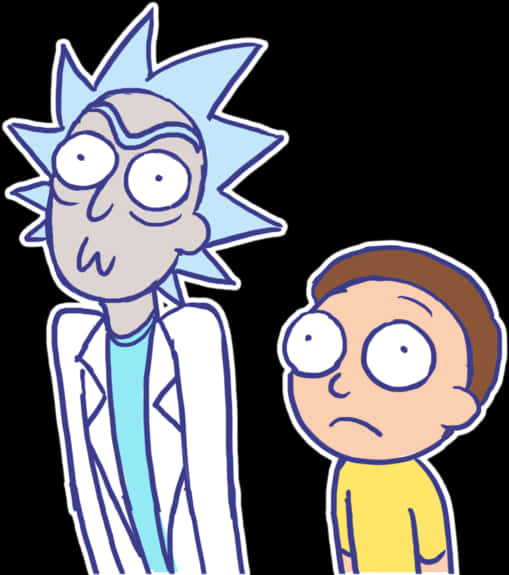 Rick Sanchez 桌布 壁紙 — 瑞克和莫蒂並肩站在黑色背景前，睜大眼睛，表情擔憂。