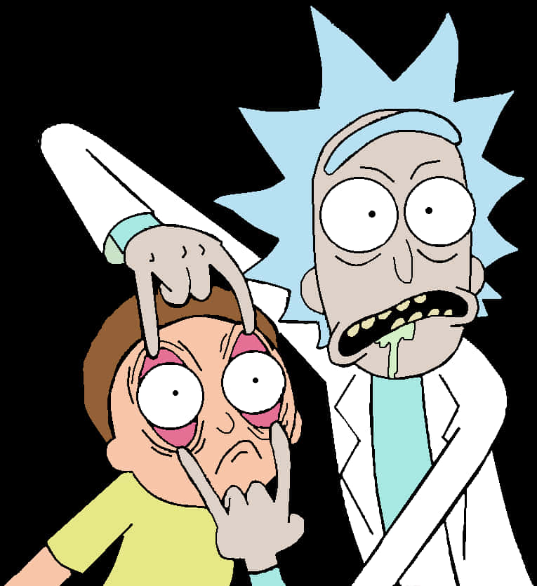 Rick Sanchez 桌布 壁紙 — 瑞克和莫蒂以卡通風格呈現，瑞克指著莫蒂的額頭，背景為黑色。