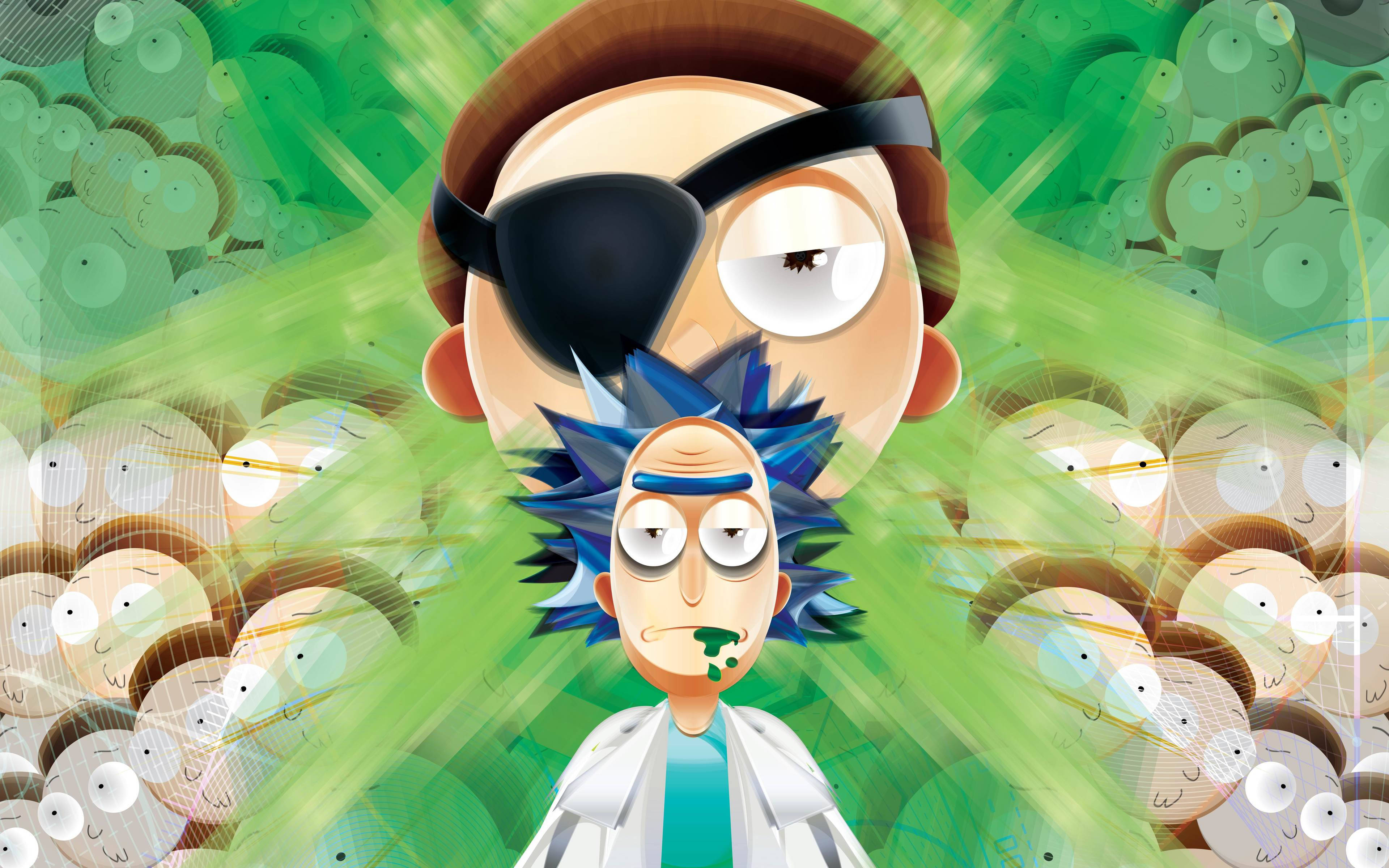 rick 桌布 壁紙 — 瑞克和莫蒂凝視著一個充滿漂浮面孔的旋轉綠色背景。