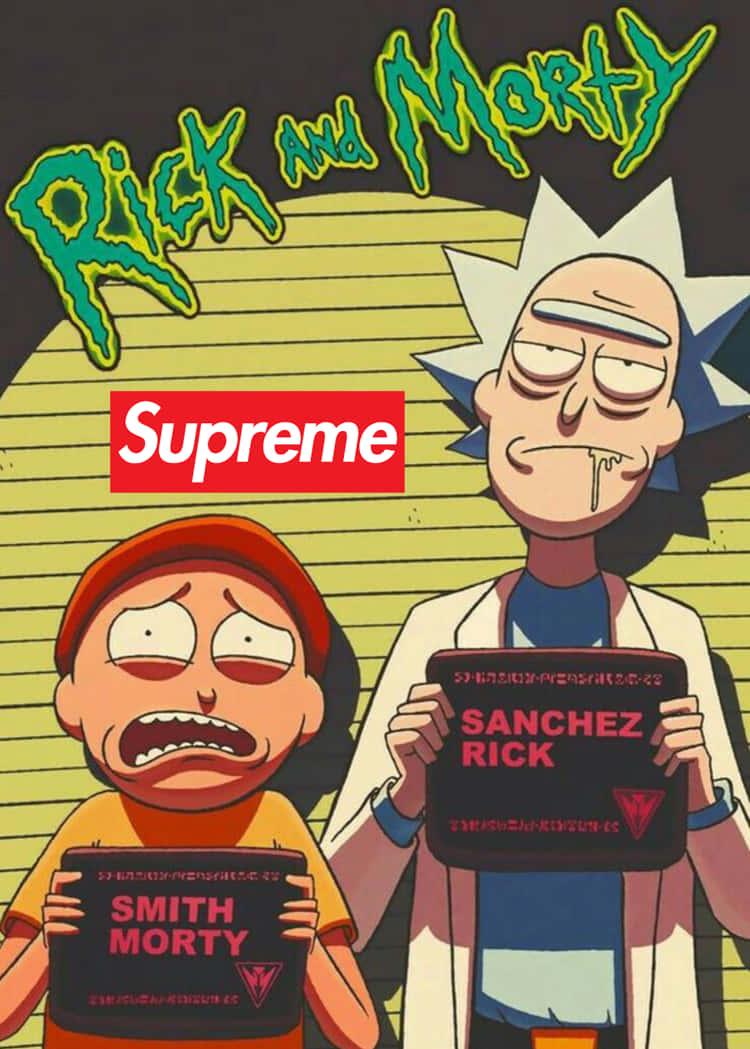 桌布 壁紙 — 瑞克和莫蒂卡通角色手持Supreme品牌標誌，背景為黃色條紋，綠色標題文字。