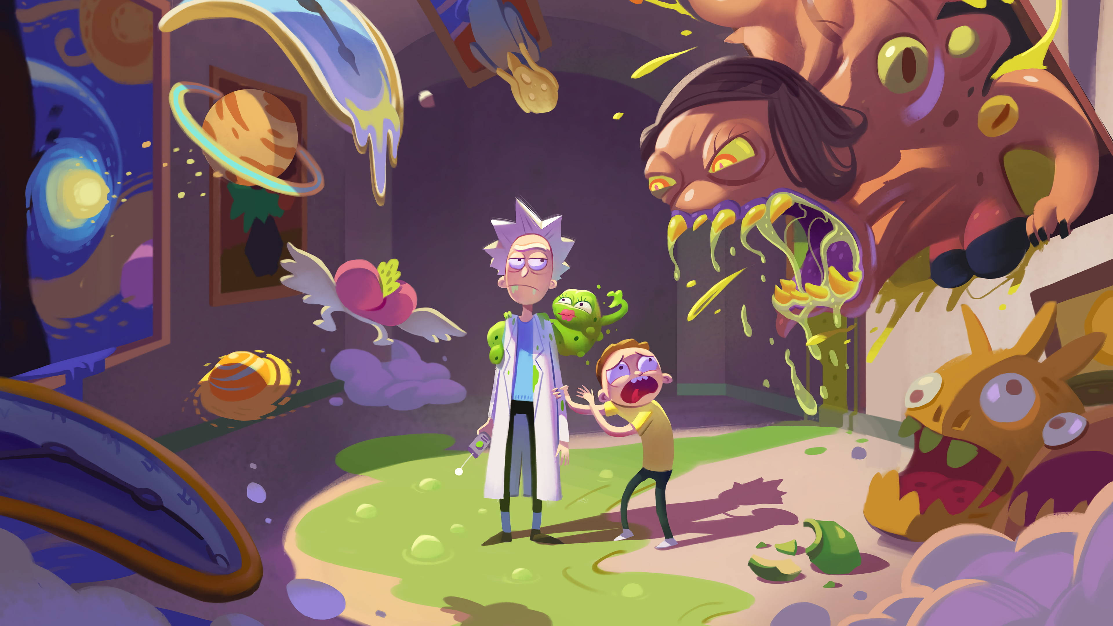 rick 桌布 壁紙 — 瑞克和莫蒂在一個超現實、色彩繽紛、卡通風格的實驗室中面對混亂的外星生物，實驗室裡充滿了漂浮的行星和黏糊糊的怪物。