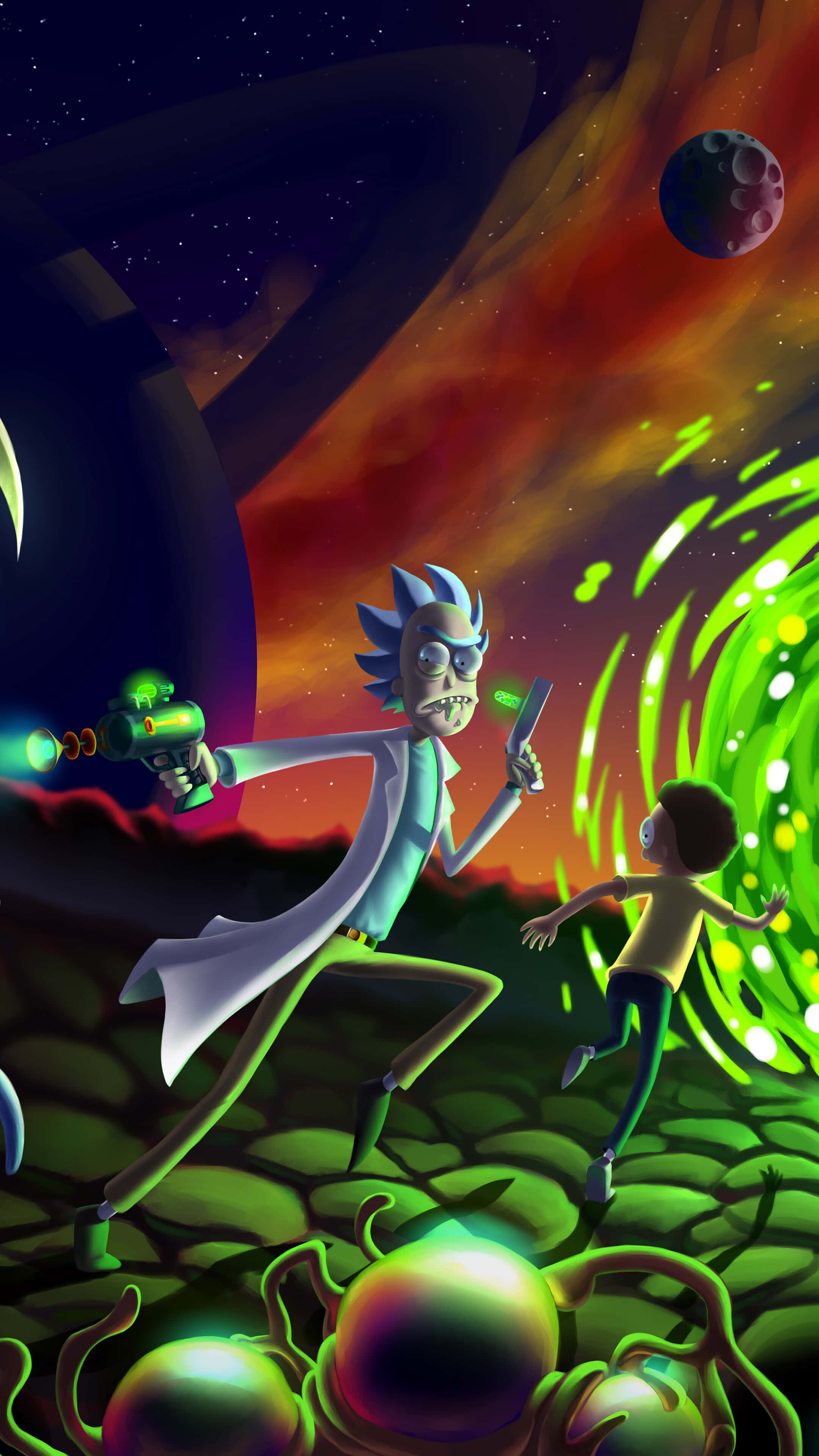 Rick And Morty Portal 桌布 壁紙 — 瑞克和莫蒂在一個超現實的外星景觀中衝刺，身後有發光的綠色植物和宇宙爆炸。