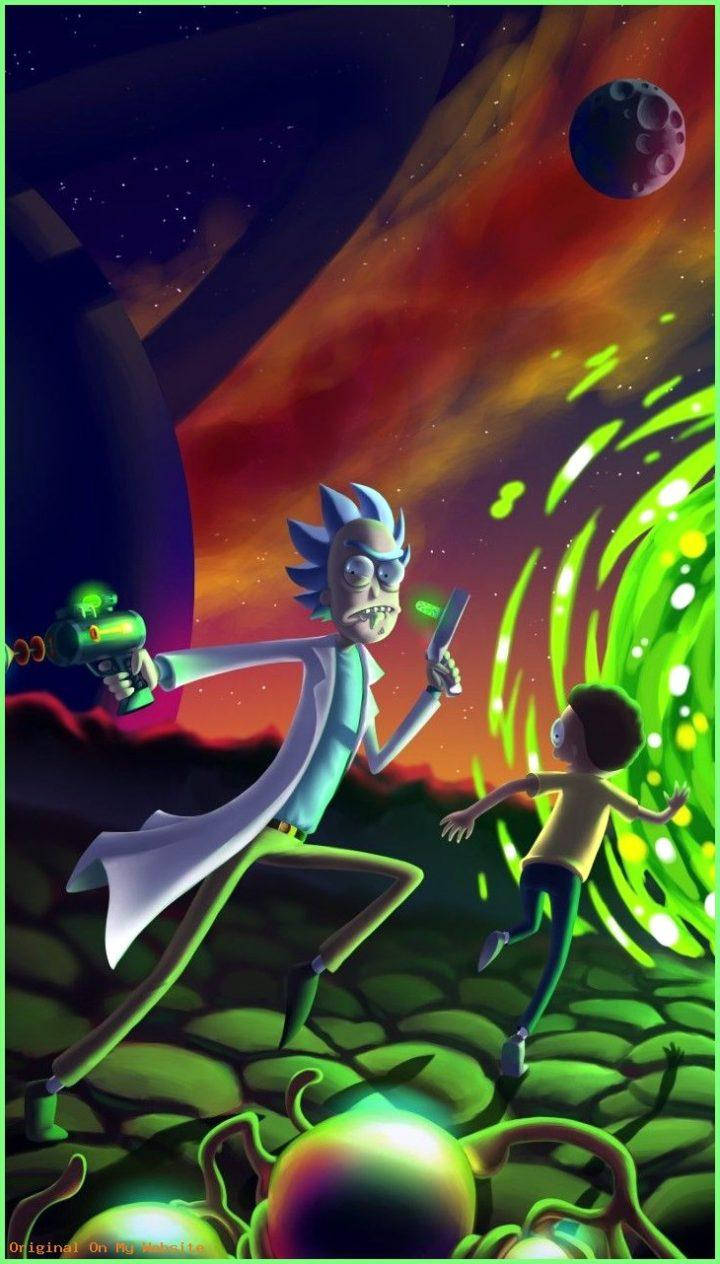 rick 桌布 壁紙 — 瑞克和莫蒂在一個超現實的外星景觀中奔跑，背景有發光的綠色植物和熾熱的星雲。