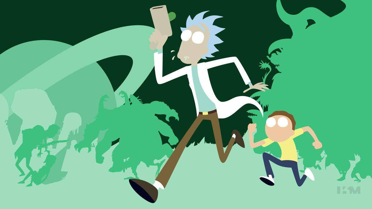 rick 桌布 壁紙 — 瑞克和莫蒂在一片超現實的綠色景觀中狂奔，陰影人物正在追趕他們。