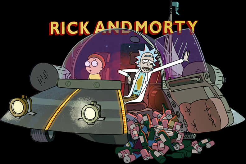Rick Sanchez 桌布 壁紙 — 瑞克和莫蒂在他們的太空船中，周圍散落著瓶子，背景是黑暗的宇宙。