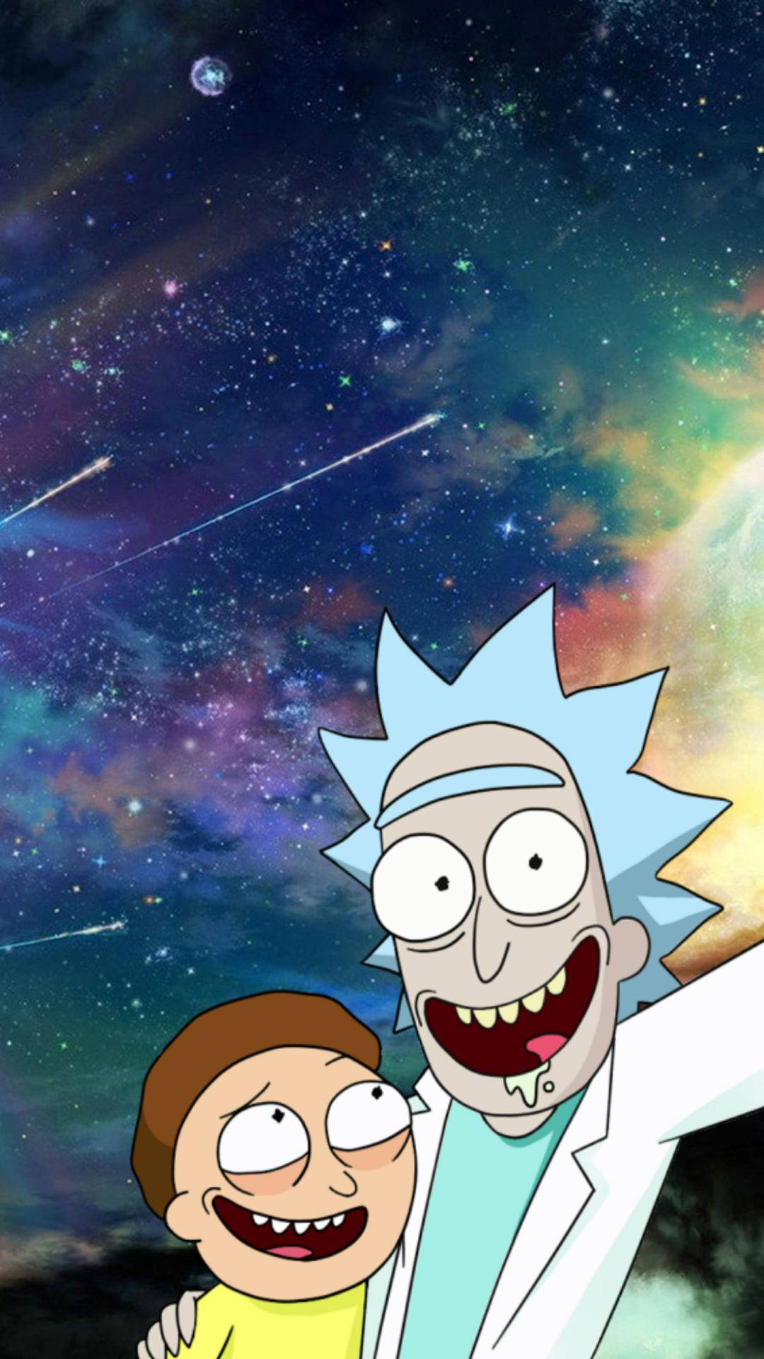 rick 桌布 壁紙 — 瑞克和莫蒂在充滿星星和彩色星雲的充滿活力的宇宙背景下狂野地咧嘴笑。