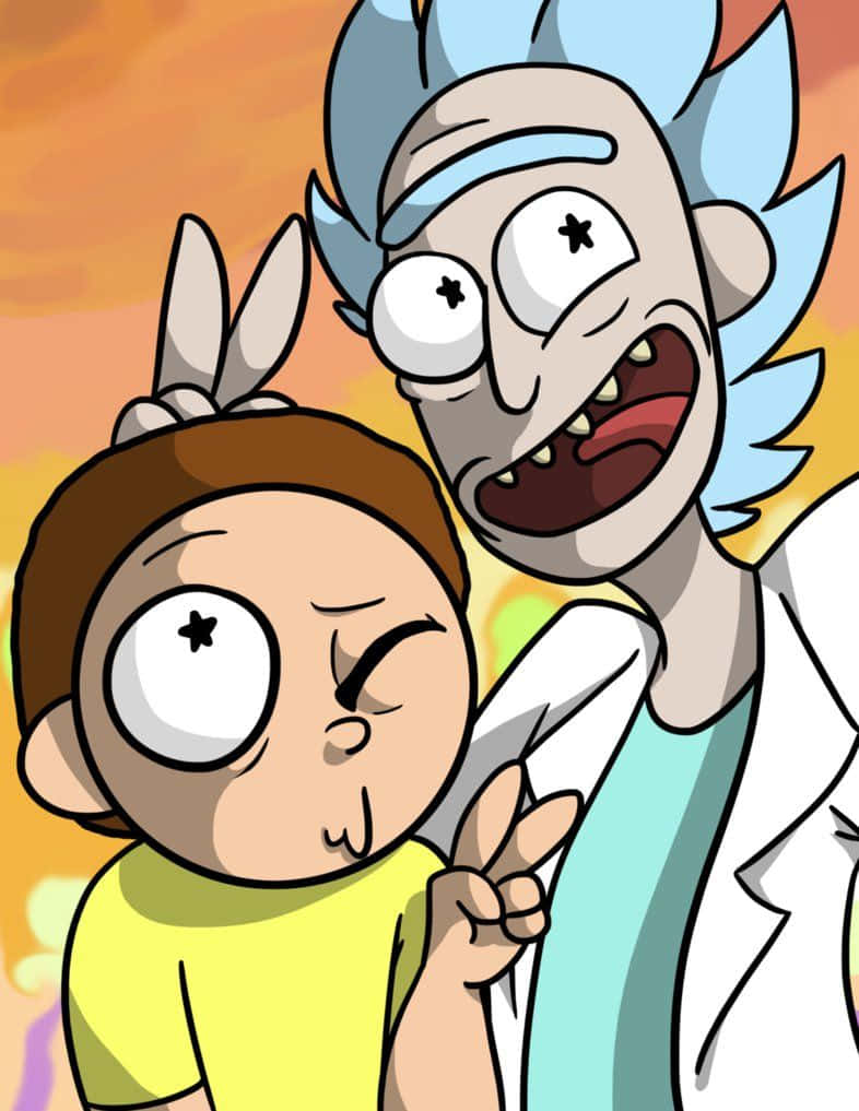 Wubba Lubba Dub Dub 桌布 壁紙 — 瑞克和莫蒂在充滿活力的卡通場景中，瑞克狂野地咧嘴笑，莫蒂做出和平手勢。