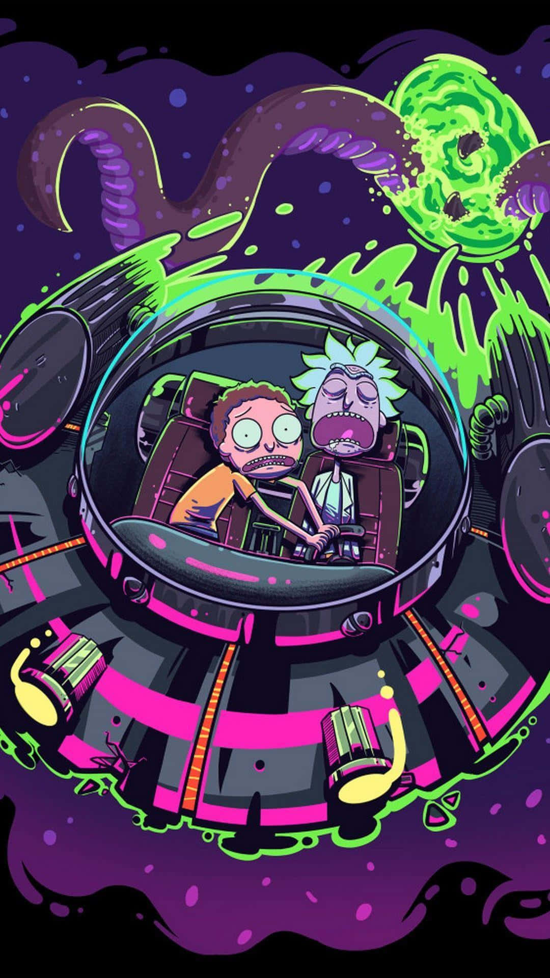 Morty Smith 桌布 壁紙 — 瑞克和莫蒂在太空船內恐慌，一個巨大的綠色外星人大腦和紫色觸手在霓虹宇宙風暴中攻擊。