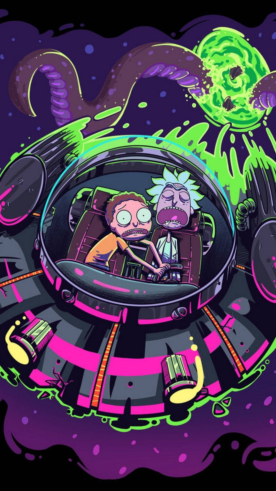 rick 桌布 壁紙 — 瑞克和莫蒂在太空船內驚慌失措，一隻巨大的紫色章魚和綠色外星人團塊在霓虹宇宙風暴中攻擊。