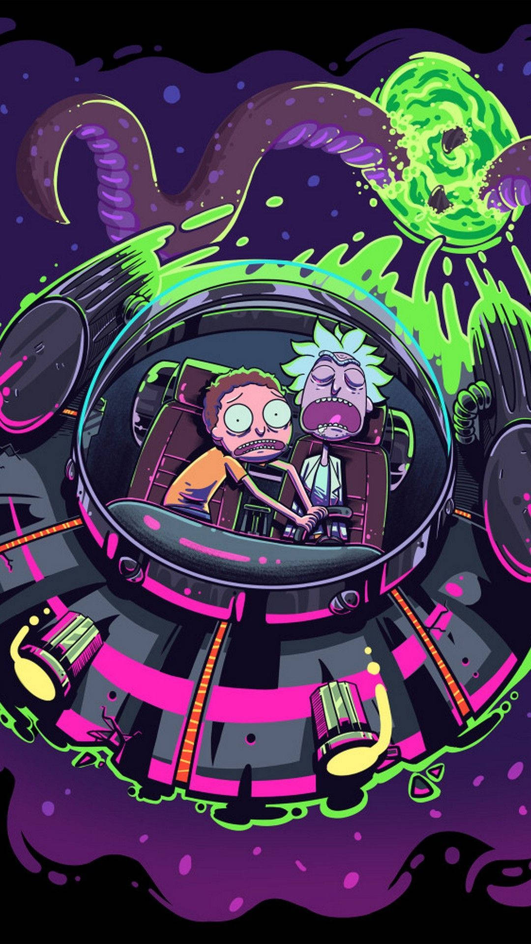 rick 桌布 壁紙 — 瑞克和莫蒂在太空船內驚慌失措，一個巨大的綠色外星人頭顱在霓虹紫色的虛空中隱現在他們身後。